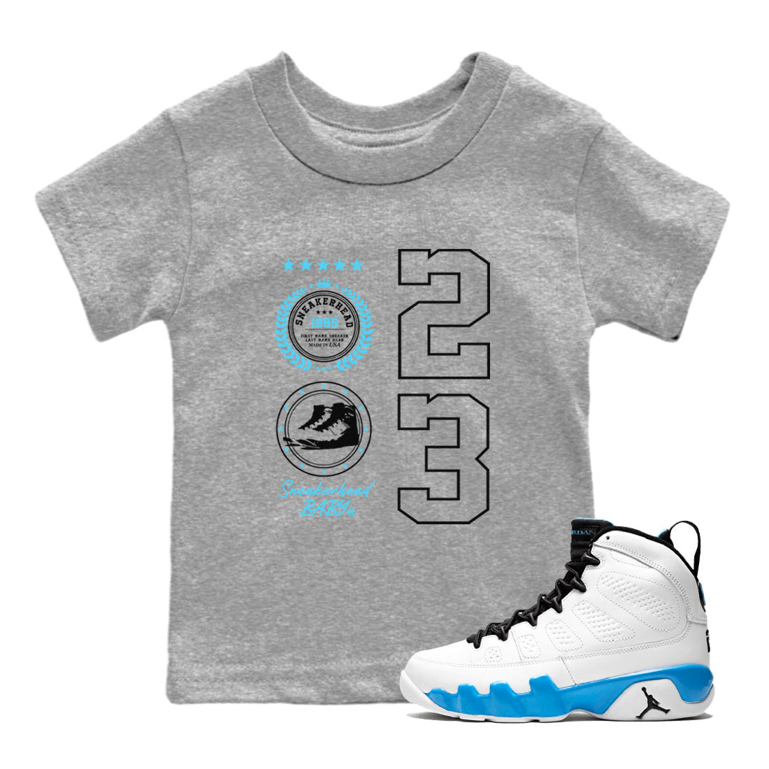 9s Powder Blue shirt to match jordans Sneaker Emblem sneaker tees Air Jordan 9 Powder Blue Drip Gear Zone baby toddler Heather Grey 1 cotton Shirt