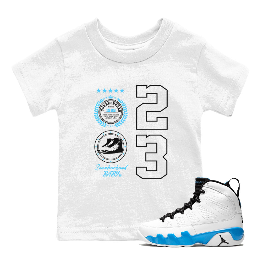 9s Powder Blue shirt to match jordans Sneaker Emblem sneaker tees Air Jordan 9 Powder Blue Drip Gear Zone baby toddler White 1 cotton Shirt