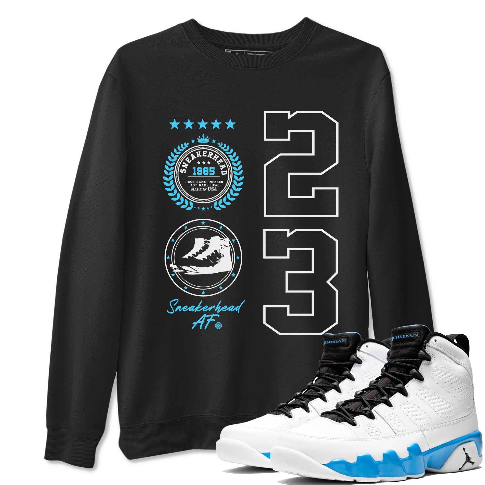 9s Powder Blue shirt to match jordans Sneaker Emblem sneaker tees Air Jordan 9 Powder Blue Drip Gear Zone unisex cotton Black 1 crew neck shirt