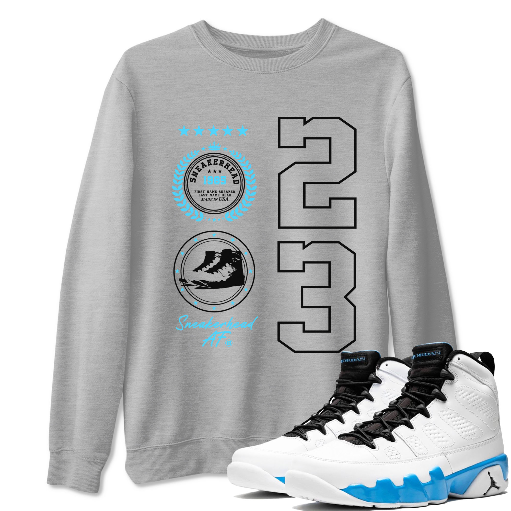 9s Powder Blue shirt to match jordans Sneaker Emblem sneaker tees Air Jordan 9 Powder Blue Drip Gear Zone unisex cotton Heather Grey 1 crew neck shirt