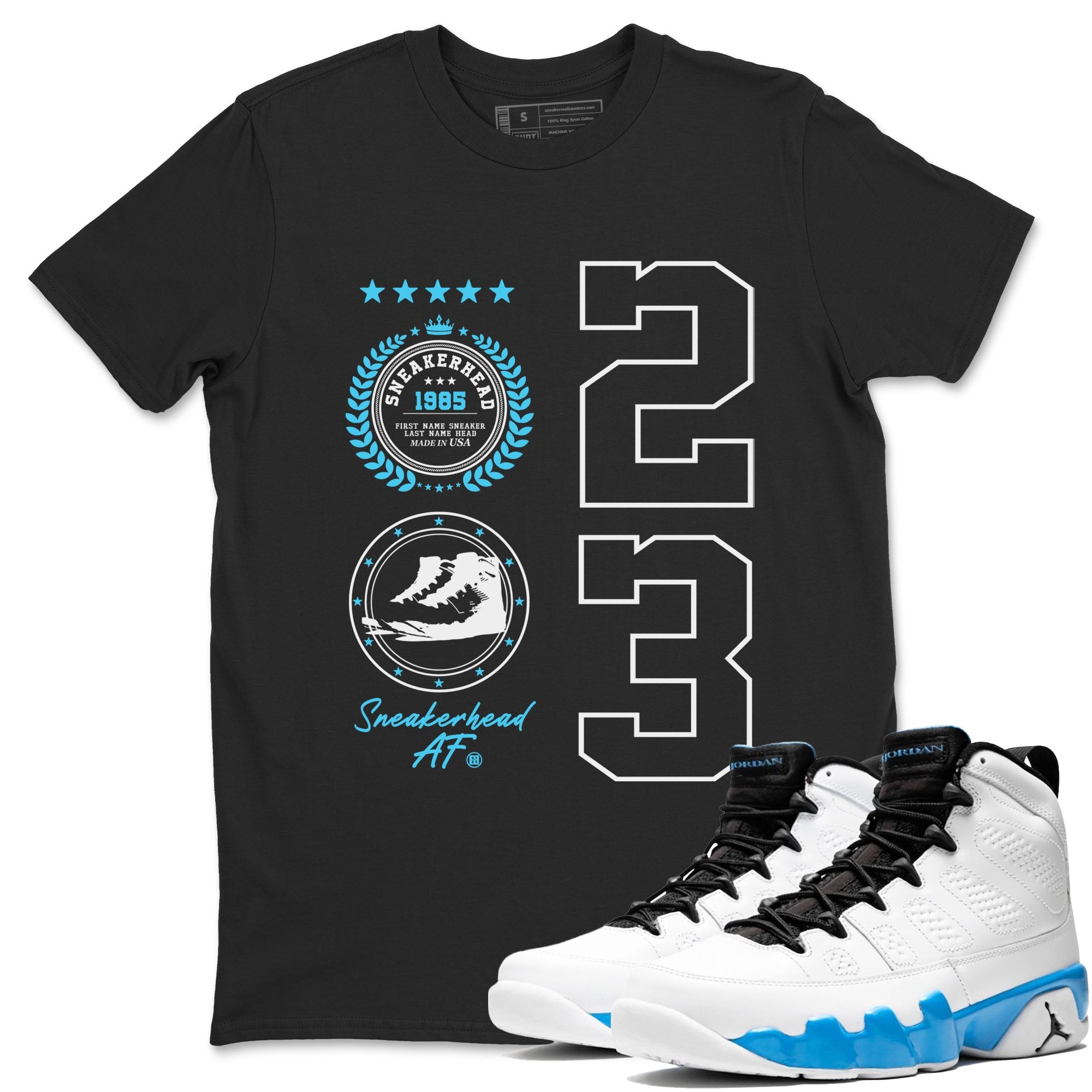 9s Powder Blue shirt to match jordans Sneaker Emblem sneaker tees Air Jordan 9 Powder Blue Drip Gear Zone unisex cotton Black 1 crew neck shirt