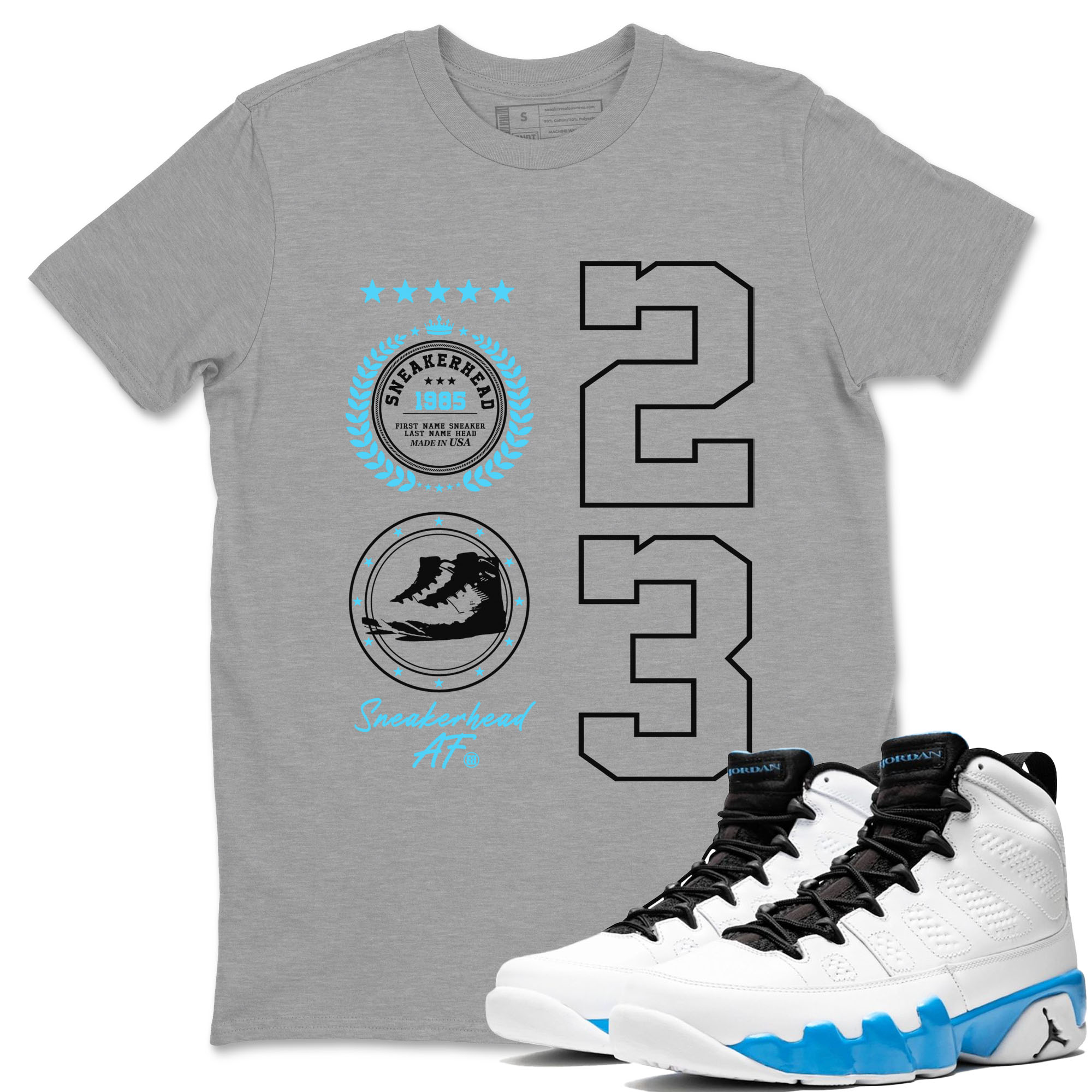9s Powder Blue shirt to match jordans Sneaker Emblem sneaker tees Air Jordan 9 Powder Blue Drip Gear Zone unisex cotton Heather Grey 1 crew neck shirt