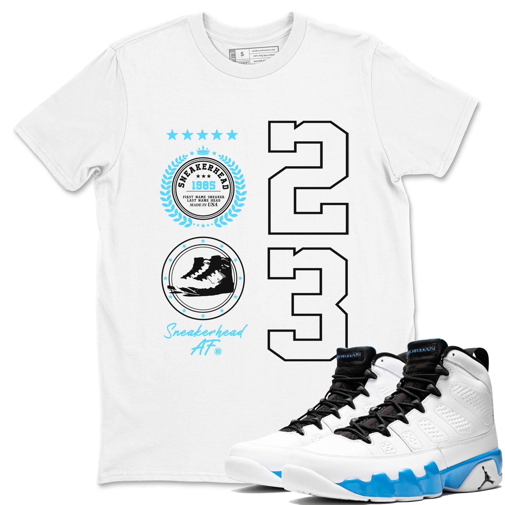 9s Powder Blue shirt to match jordans Sneaker Emblem sneaker tees Air Jordan 9 Powder Blue Drip Gear Zone unisex cotton White 1 crew neck shirt