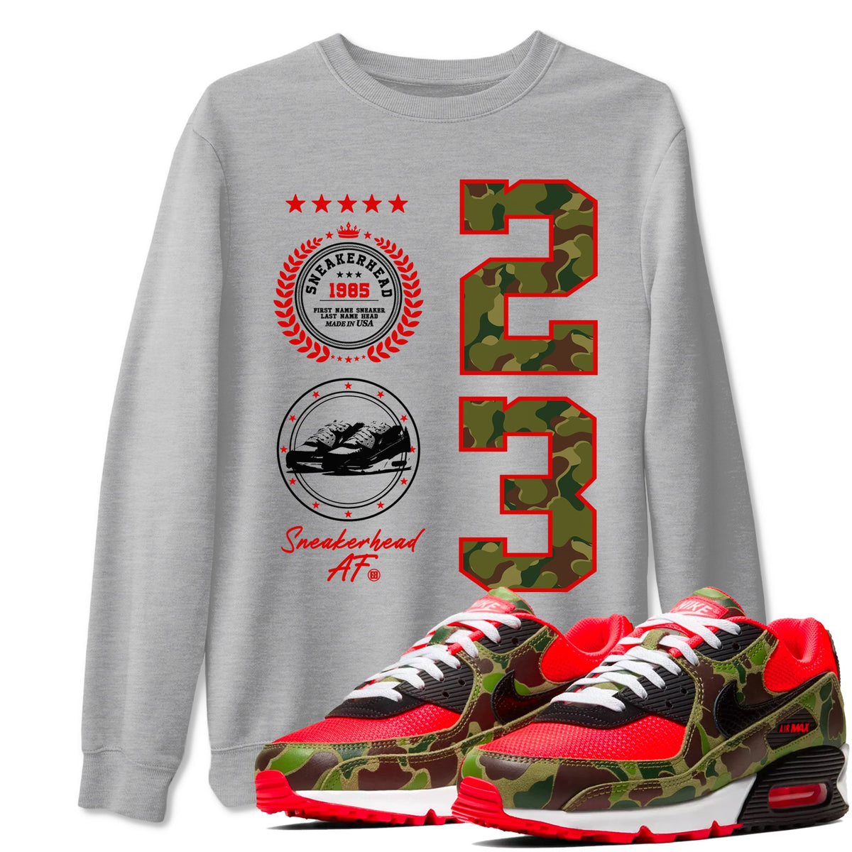 Air Max 90 Duck Camo shirts to match jordans Sneaker Emblem sneaker match tees Air Max 90 Reverse Duck Camo match shoes to clothes Drip Gear Zone unisex cotton Heather Grey 1 shirts