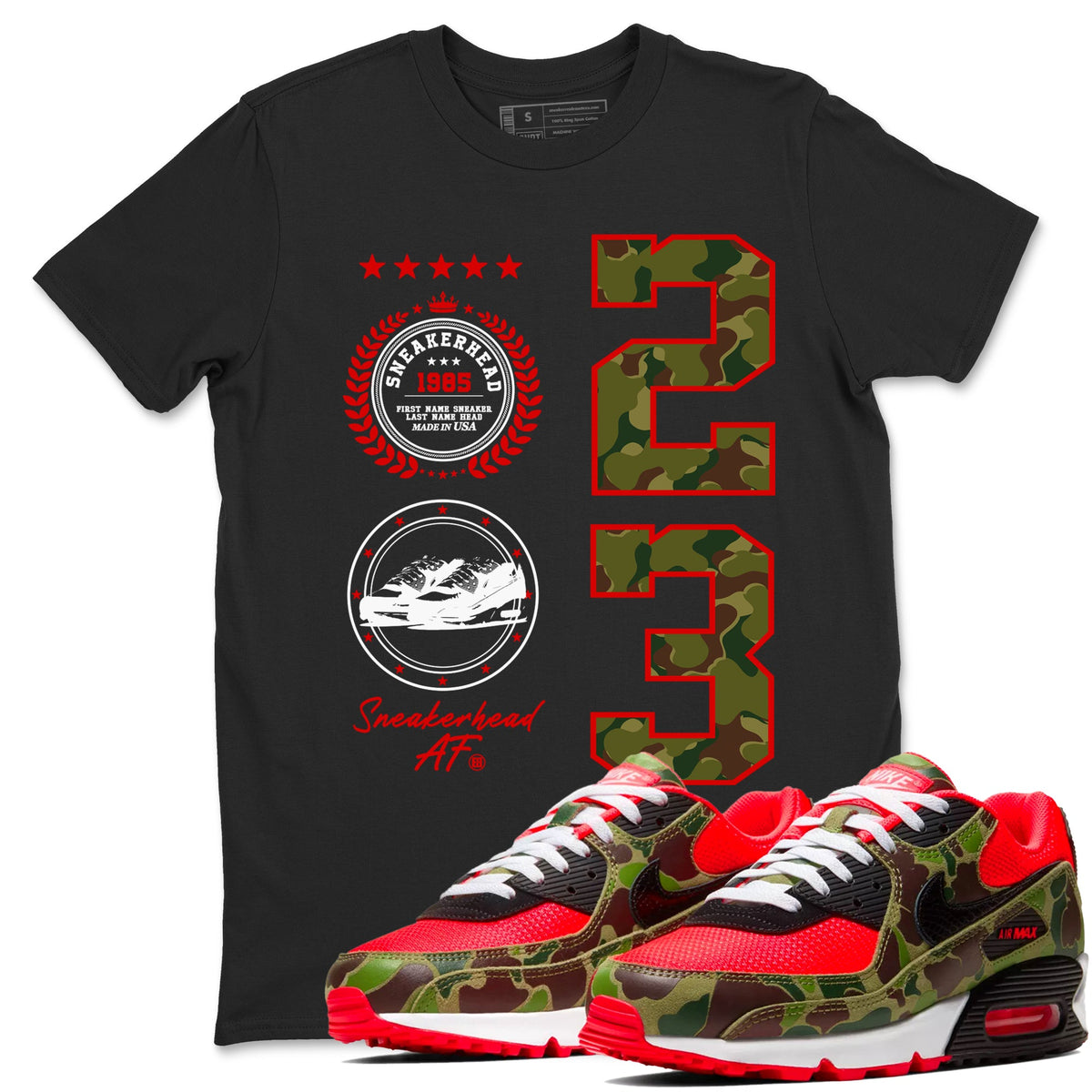Air Max 90 Duck Camo shirts to match jordans Sneaker Emblem sneaker match tees Air Max 90 Reverse Duck Camo match shoes to clothes Drip Gear Zone unisex cotton Black 1 shirts