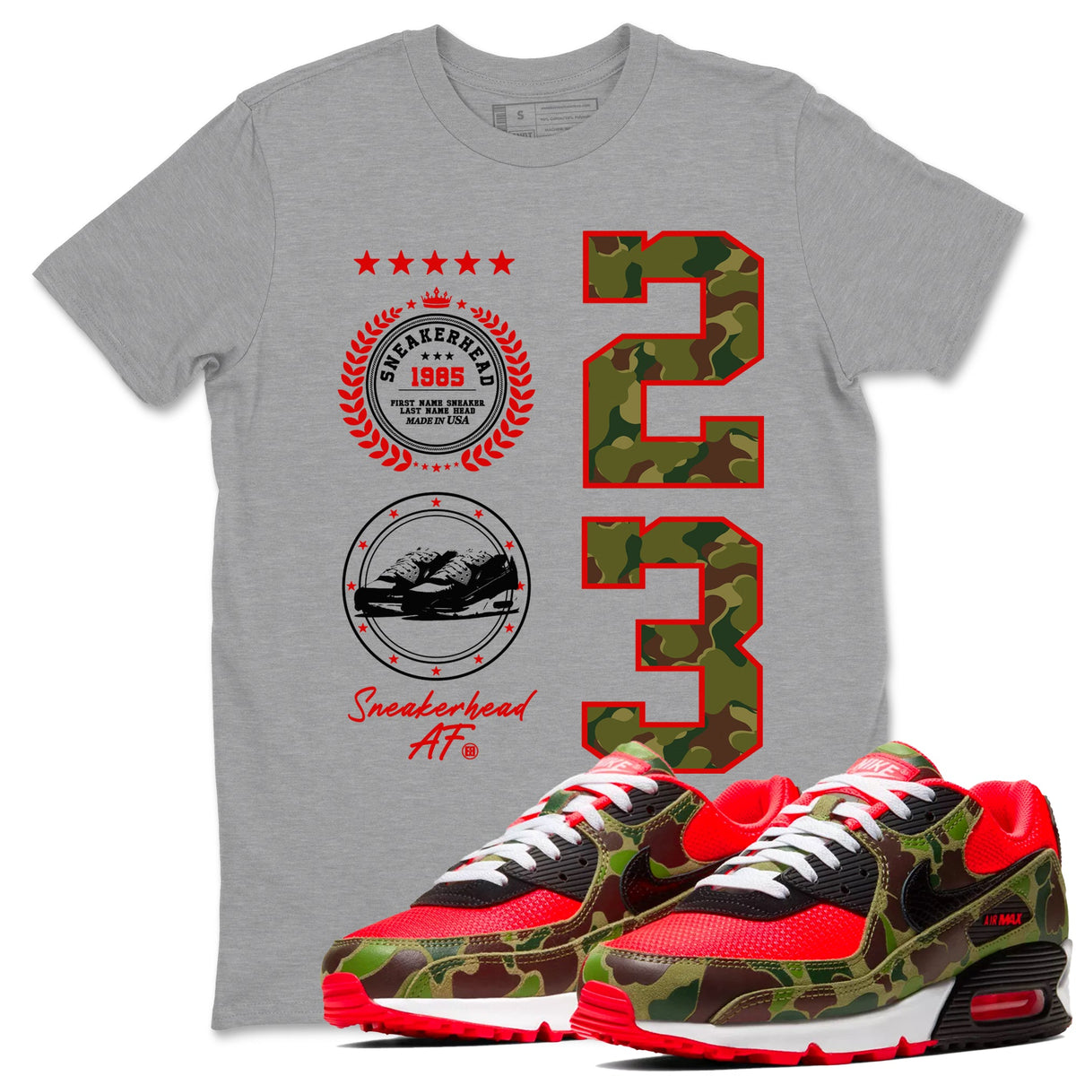 Air Max 90 Duck Camo shirts to match jordans Sneaker Emblem sneaker match tees Air Max 90 Reverse Duck Camo match shoes to clothes Drip Gear Zone unisex cotton Heather Grey 1 shirts