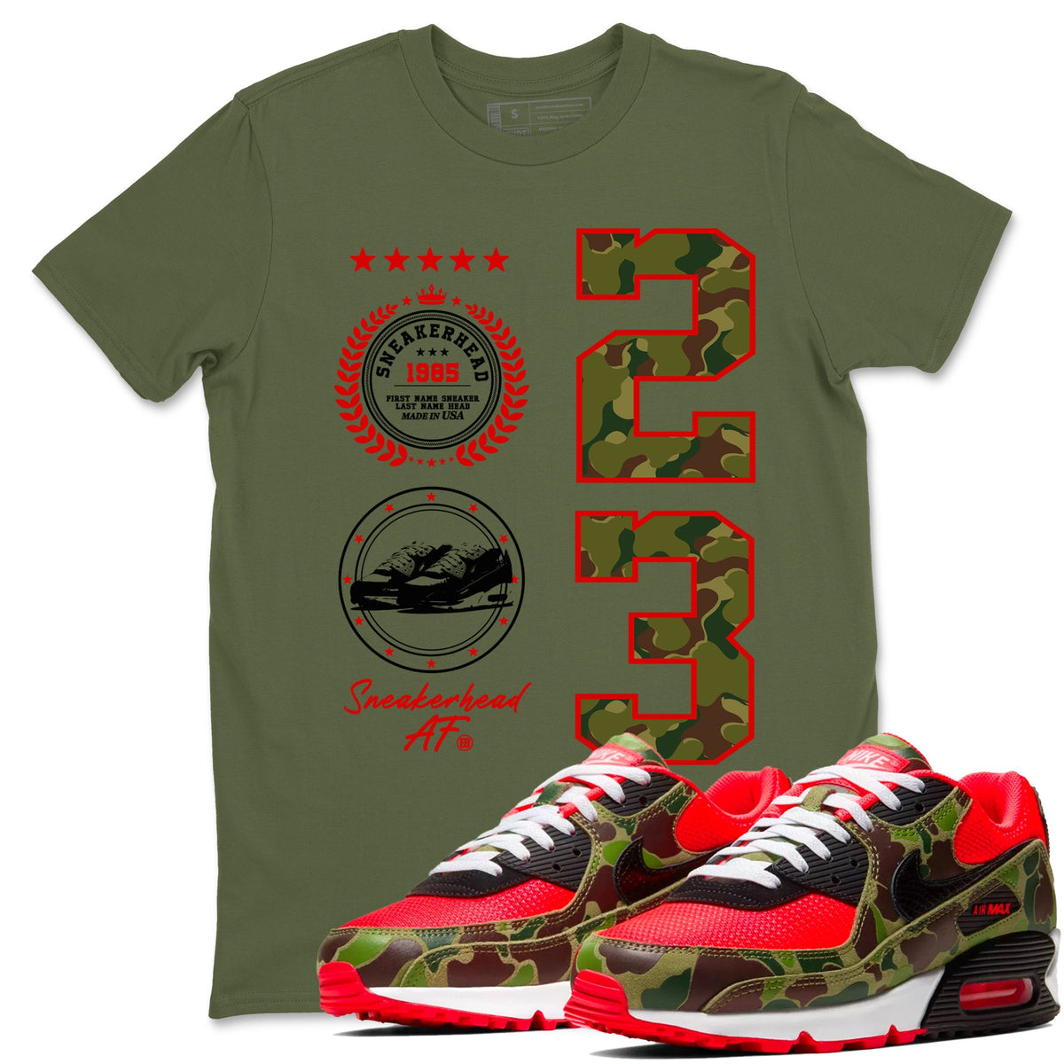 Air Max 90 Duck Camo shirts to match jordans Sneaker Emblem sneaker match tees Air Max 90 Reverse Duck Camo match shoes to clothes Drip Gear Zone unisex cotton Military Green 1 shirts