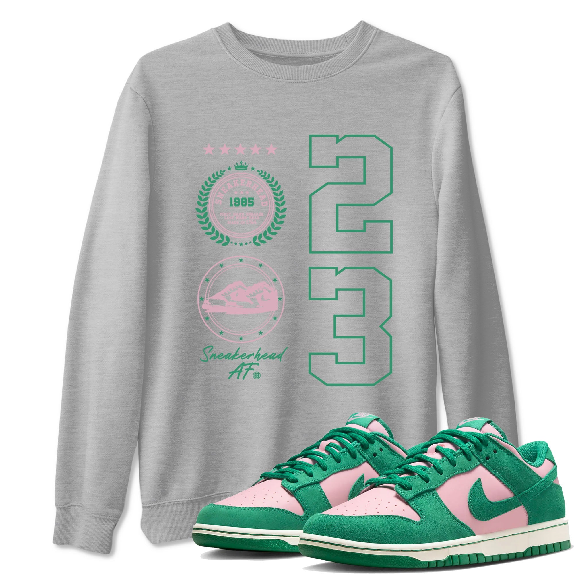 Dunk Low Medium Soft Pink Malachite shirt to match jordans Sneaker Emblem sneaker tees Dunks Medium Soft Pink Malachite Streetwear Brand Drip Gear Zone unisex cotton Heather Grey 1 crew neck shirt