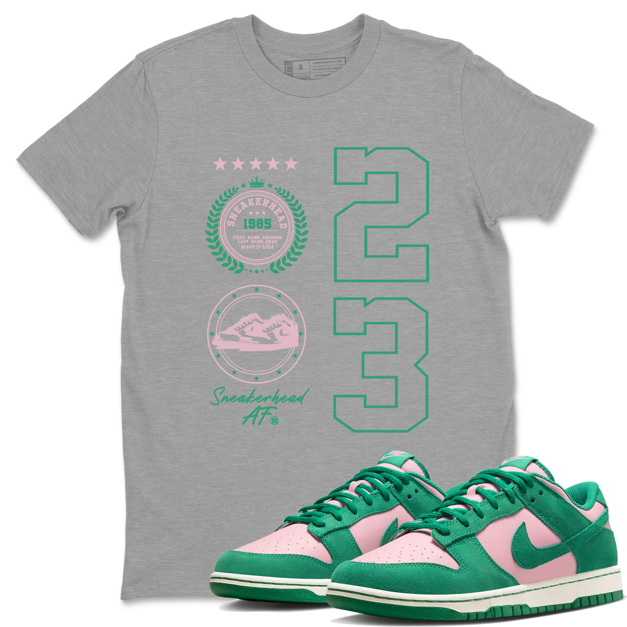 Dunk Low Medium Soft Pink Malachite shirt to match jordans Sneaker Emblem sneaker tees Dunks Medium Soft Pink Malachite Streetwear Brand Drip Gear Zone unisex cotton Heather Grey 1 crew neck shirt