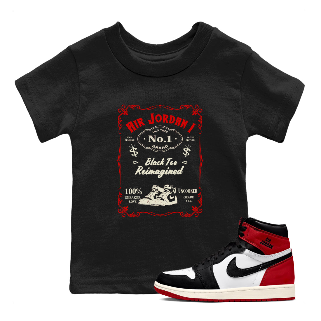 Air Jordan 1 High OG Black Toe Reimagined shirts to match jordans Sneaker Label sneaker match tees 1s Black Toe Reimagined Sneaker Shirts Drip Gear Zone streetwear brand Baby and Youth Black 1 cotton tee