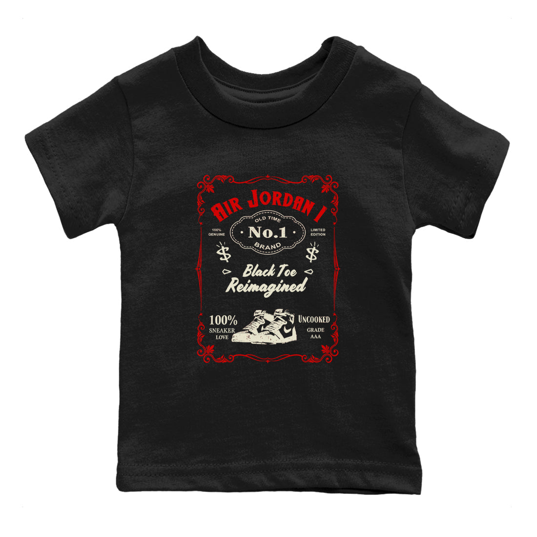 Air Jordan 1 High OG Black Toe Reimagined shirts to match jordans Sneaker Label sneaker match tees 1s Black Toe Reimagined Sneaker Shirts Drip Gear Zone streetwear brand Baby and Youth Black 2 cotton tee