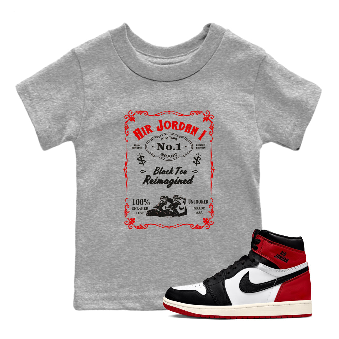 Air Jordan 1 High OG Black Toe Reimagined shirts to match jordans Sneaker Label sneaker match tees 1s Black Toe Reimagined Sneaker Shirts Drip Gear Zone streetwear brand Baby and Youth Heather Grey 1 cotton tee