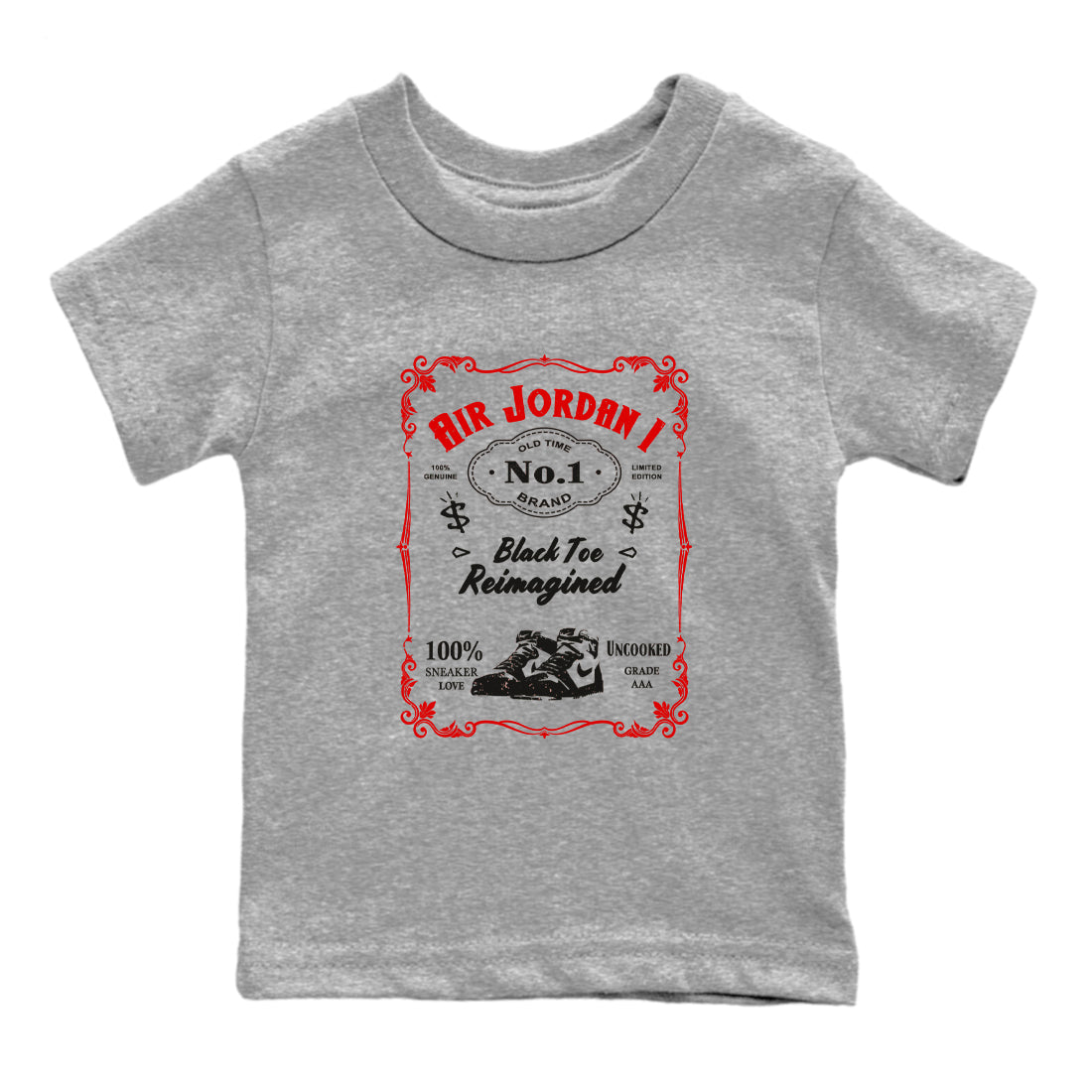 Air Jordan 1 High OG Black Toe Reimagined shirts to match jordans Sneaker Label sneaker match tees 1s Black Toe Reimagined Sneaker Shirts Drip Gear Zone streetwear brand Baby and Youth Heather Grey 2 cotton tee