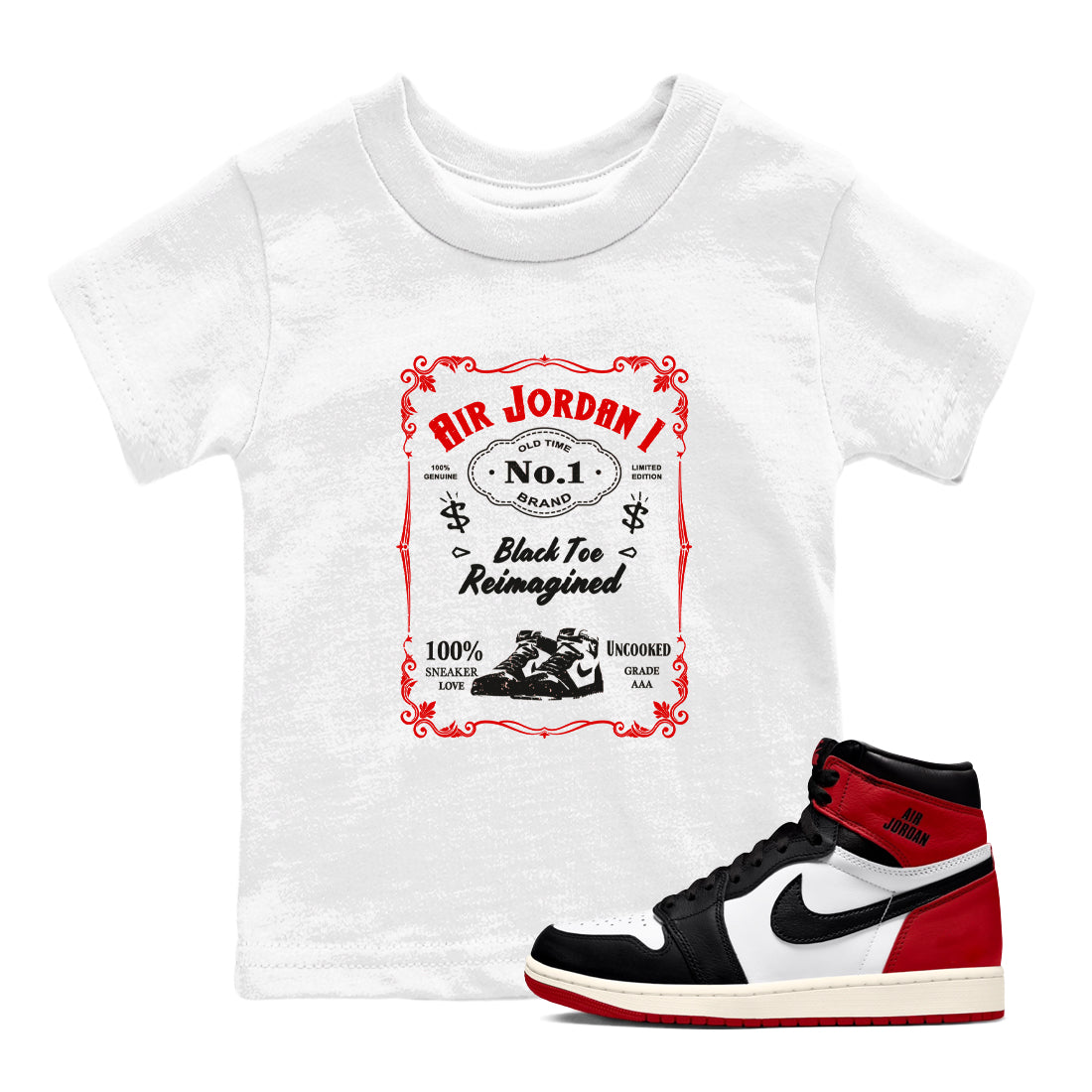 Air Jordan 1 High OG Black Toe Reimagined shirts to match jordans Sneaker Label sneaker match tees 1s Black Toe Reimagined Sneaker Shirts Drip Gear Zone streetwear brand Baby and Youth White 1 cotton tee