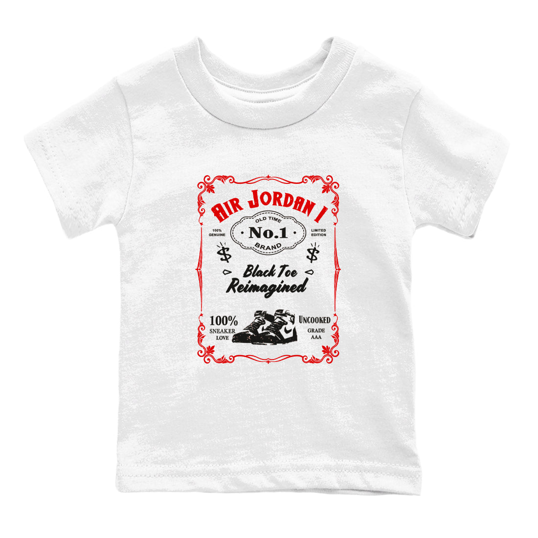 Air Jordan 1 High OG Black Toe Reimagined shirts to match jordans Sneaker Label sneaker match tees 1s Black Toe Reimagined Sneaker Shirts Drip Gear Zone streetwear brand Baby and Youth White 2 cotton tee