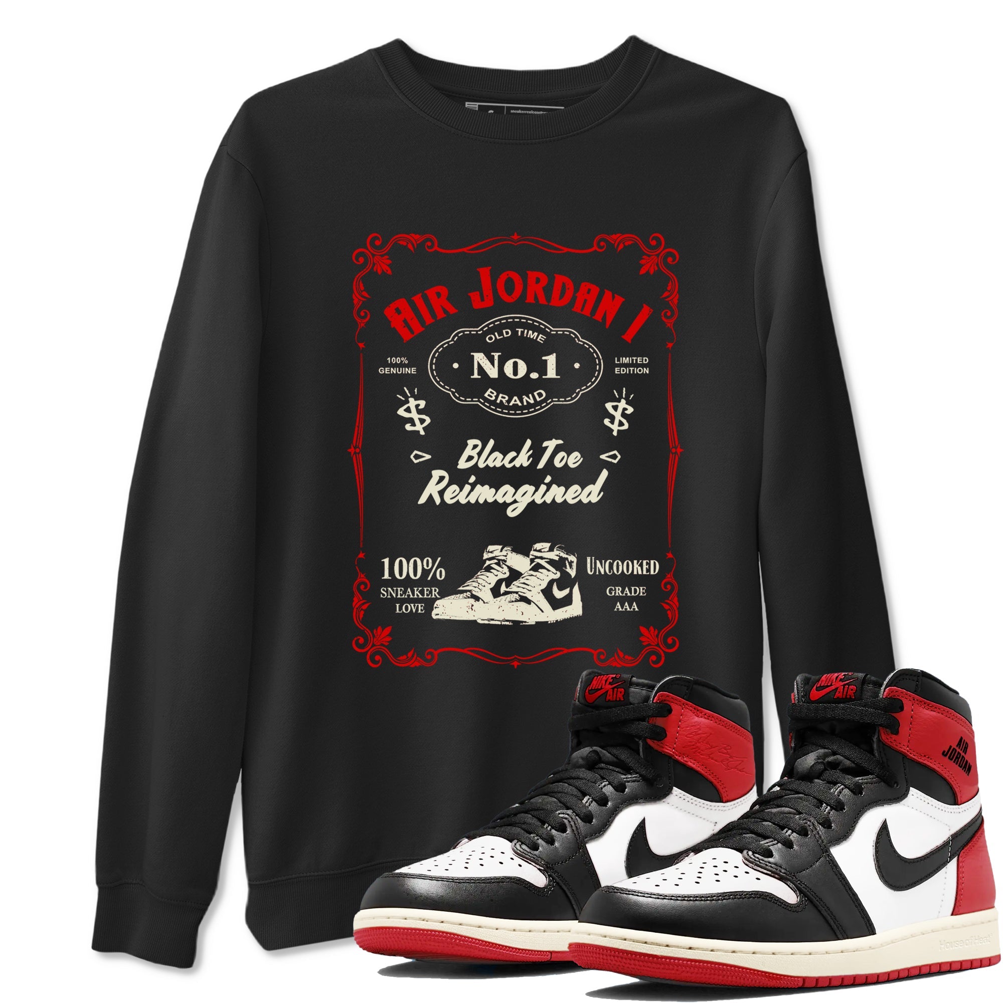 Air Jordan 1 High OG Black Toe Reimagined shirts to match jordans Sneaker Label sneaker match tees 1s Black Toe Reimagined Sneaker Shirts Drip Gear Zone streetwear brand Black 1 unisex cotton tee