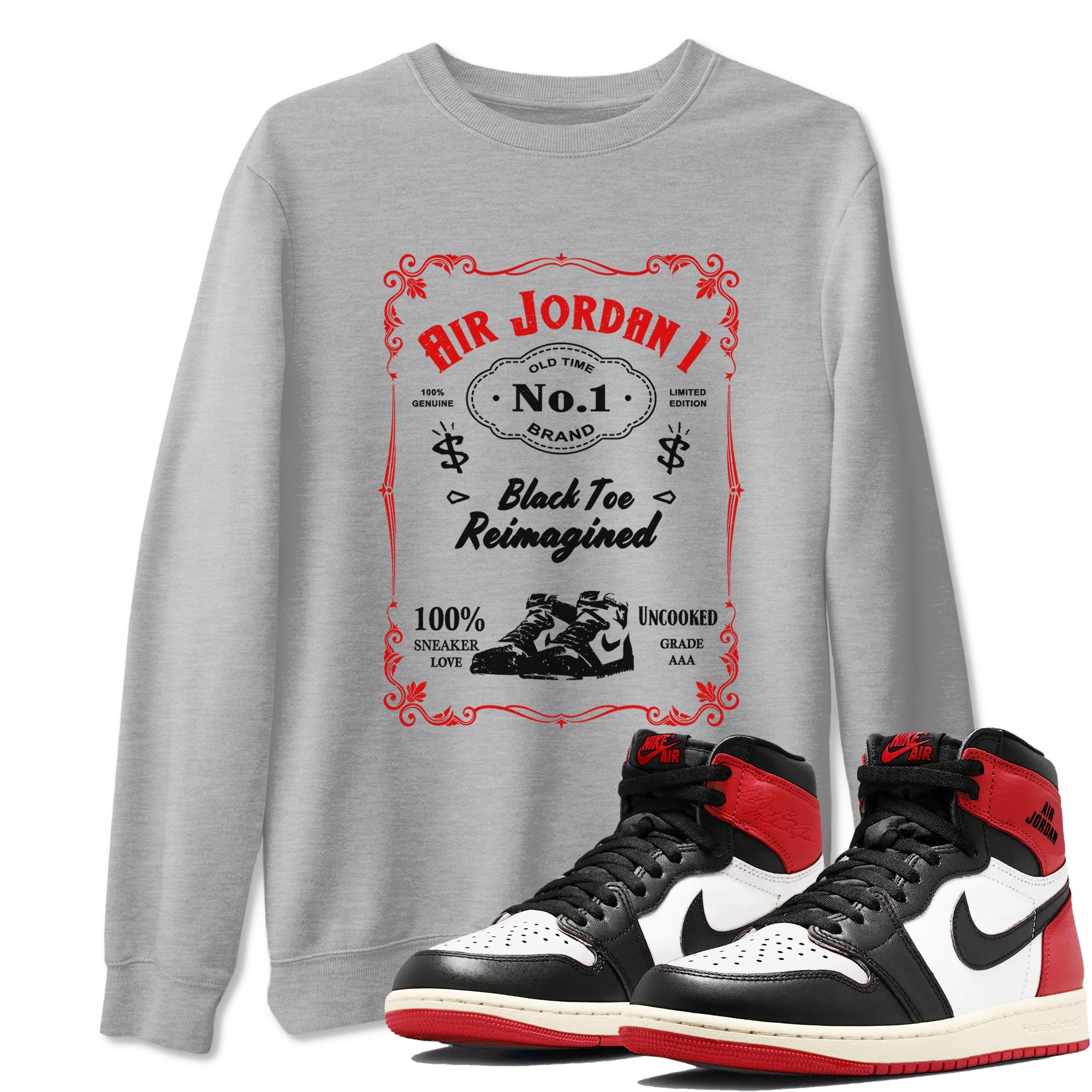 Air Jordan 1 High OG Black Toe Reimagined shirts to match jordans Sneaker Label sneaker match tees 1s Black Toe Reimagined Sneaker Shirts Drip Gear Zone streetwear brand Heather Grey 1 unisex cotton tee