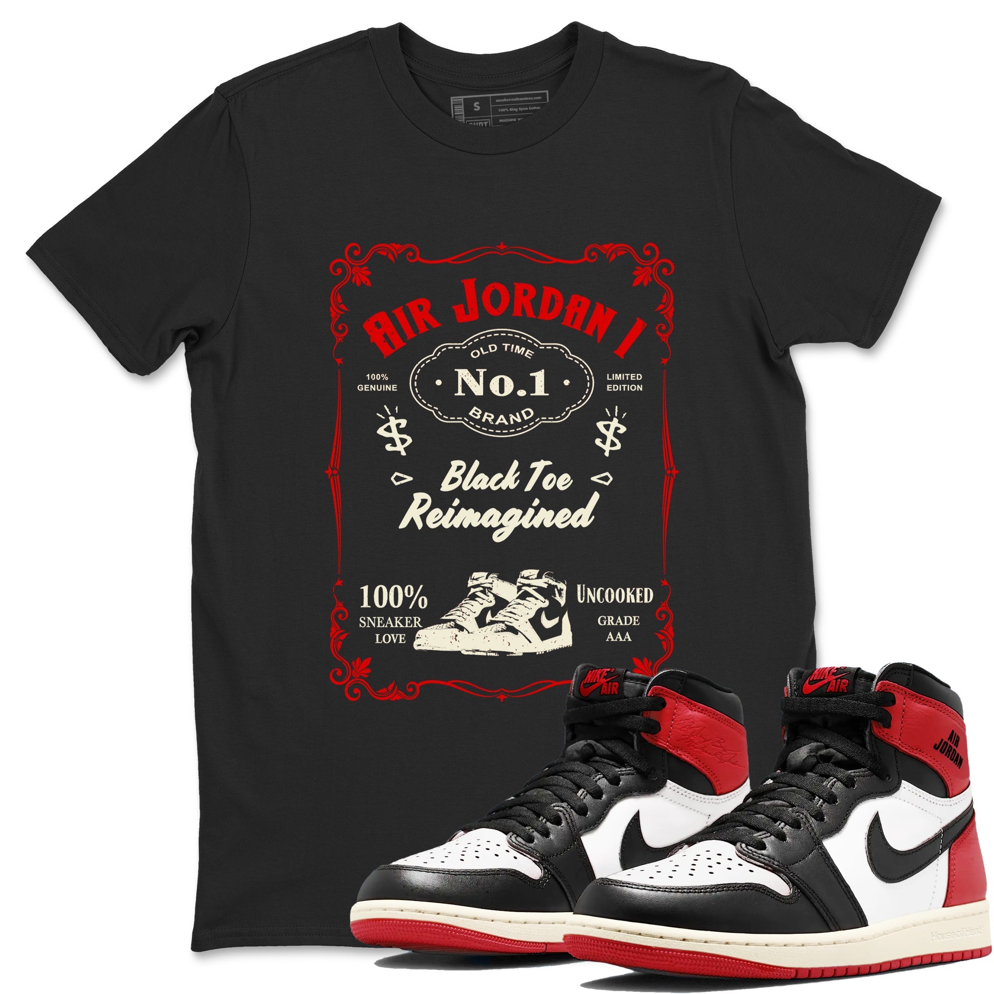 Air Jordan 1 High OG Black Toe Reimagined shirts to match jordans Sneaker Label sneaker match tees 1s Black Toe Reimagined Sneaker Shirts Drip Gear Zone streetwear brand Black 1 unisex cotton tee