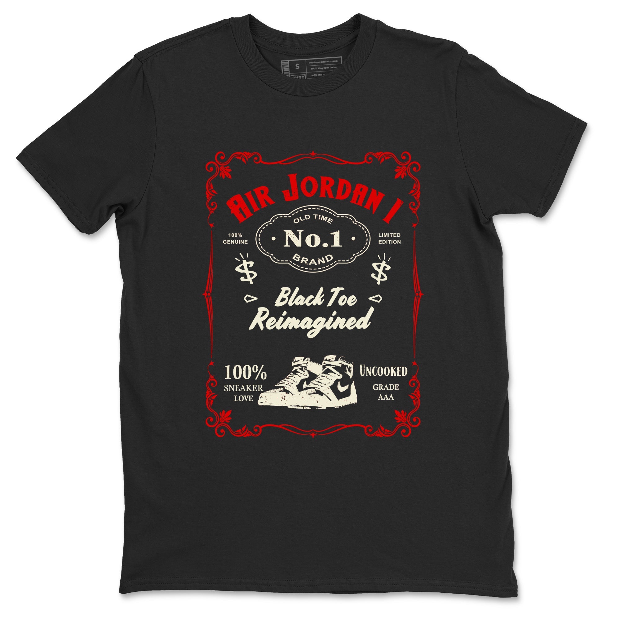 Air Jordan 1 High OG Black Toe Reimagined shirts to match jordans Sneaker Label sneaker match tees 1s Black Toe Reimagined Sneaker Shirts Drip Gear Zone streetwear brand Black 2 unisex cotton tee
