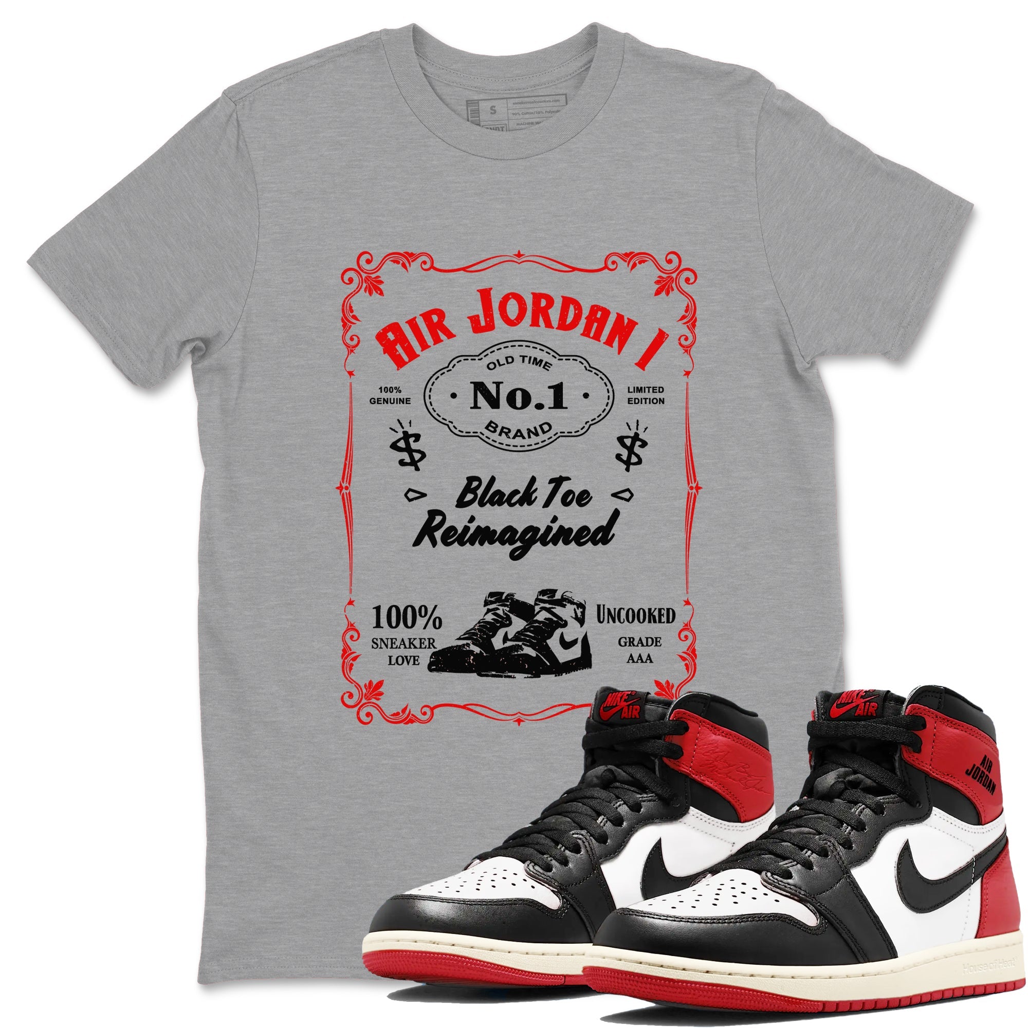 Air Jordan 1 High OG Black Toe Reimagined shirts to match jordans Sneaker Label sneaker match tees 1s Black Toe Reimagined Sneaker Shirts Drip Gear Zone streetwear brand Heather Grey 1 unisex cotton tee