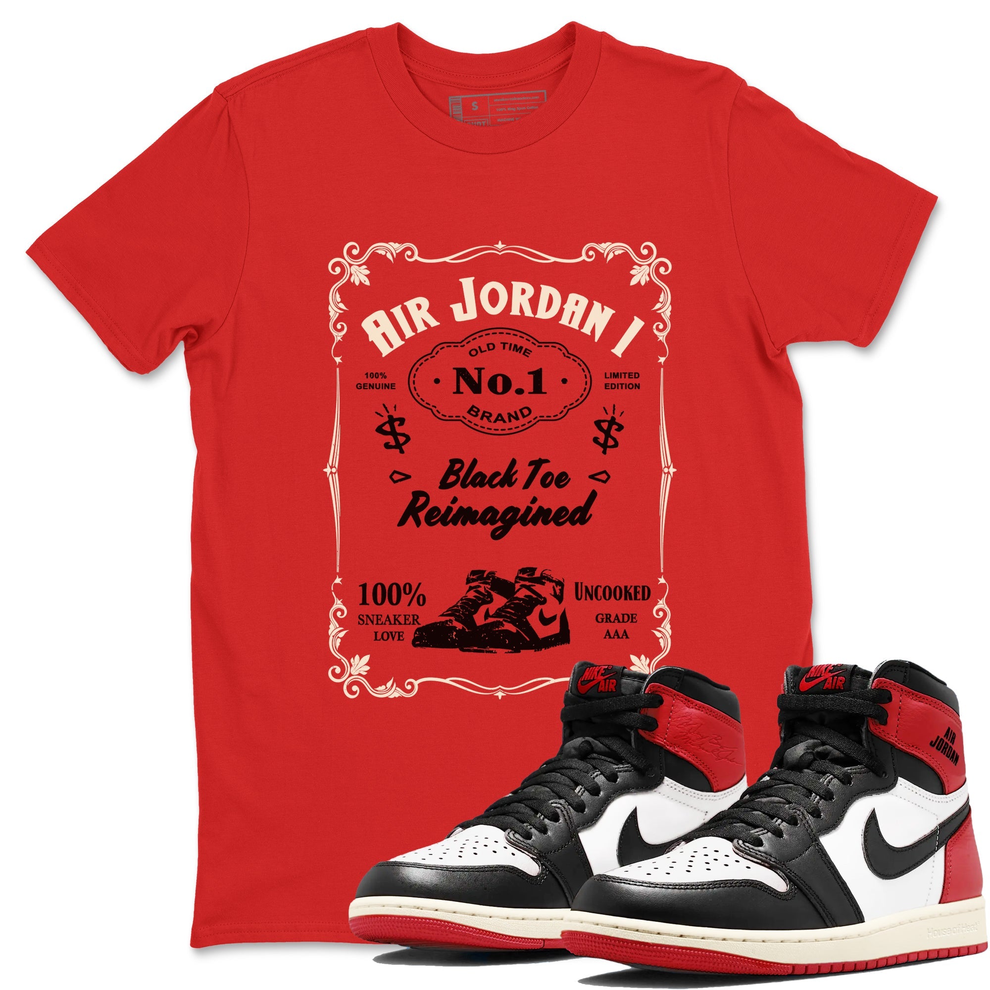 Air Jordan 1 High OG Black Toe Reimagined shirts to match jordans Sneaker Label sneaker match tees 1s Black Toe Reimagined Sneaker Shirts Drip Gear Zone streetwear brand Red 1 unisex cotton tee