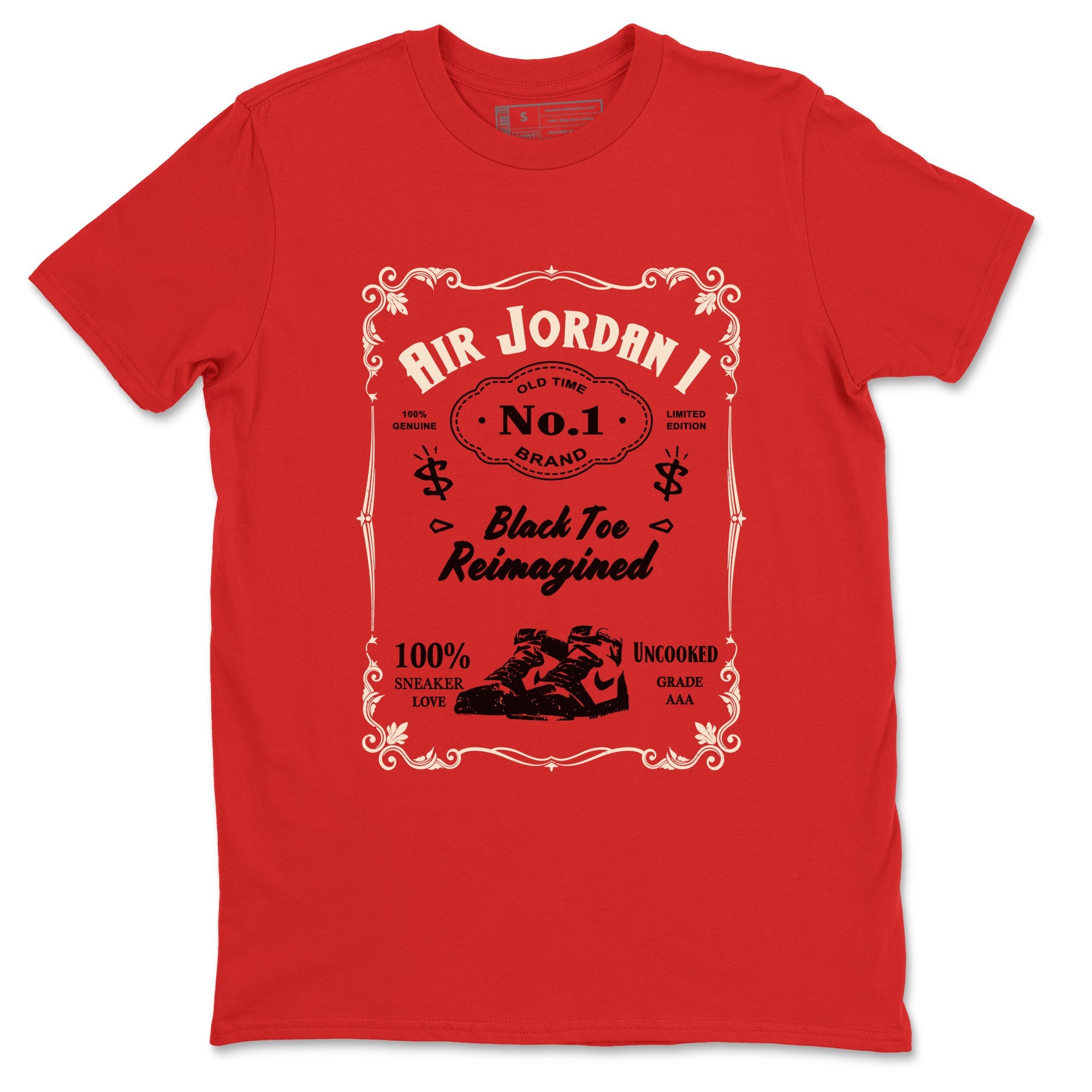 Air Jordan 1 High OG Black Toe Reimagined shirts to match jordans Sneaker Label sneaker match tees 1s Black Toe Reimagined Sneaker Shirts Drip Gear Zone streetwear brand Red 2 unisex cotton tee