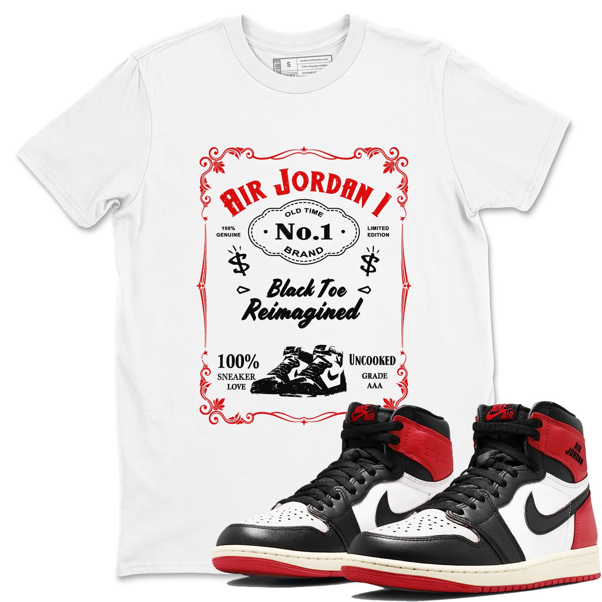 Air Jordan 1 High OG Black Toe Reimagined shirts to match jordans Sneaker Label sneaker match tees 1s Black Toe Reimagined Sneaker Shirts Drip Gear Zone streetwear brand White 1 unisex cotton tee