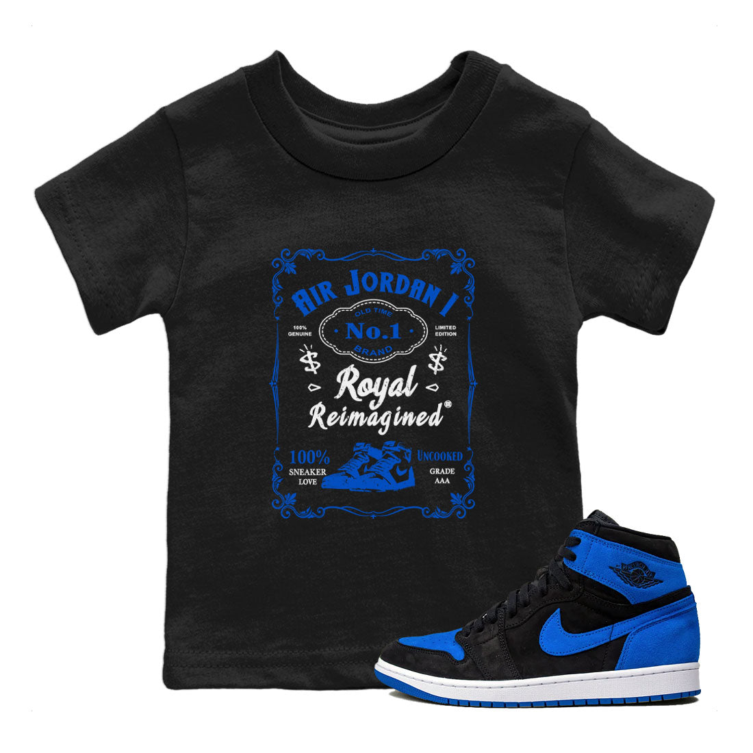 Jordan 1 High OG Royal Reimagined shirt to match jordans Sneaker Label sneaker tees Air Jordan 1 Royal Reimagined Drip Gear Zone Baby Toddler Black 1 T-Shirt