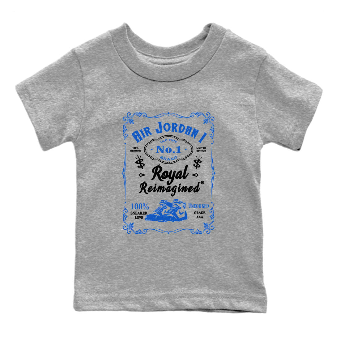 Jordan 1 High OG Royal Reimagined shirt to match jordans Sneaker Label sneaker tees Air Jordan 1 Royal Reimagined Drip Gear Zone Baby Toddler Heather Grey 2 T-Shirt