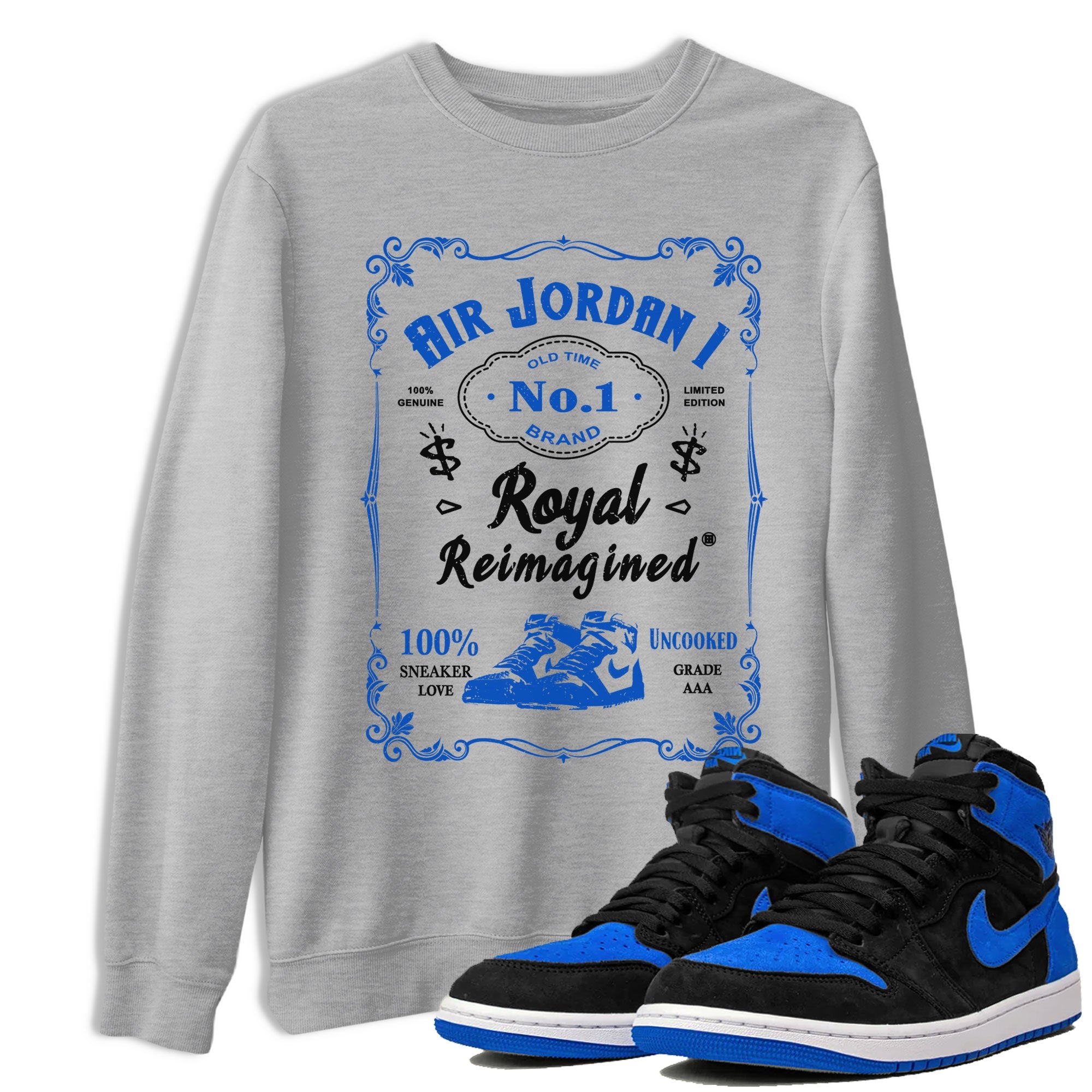 Jordan 1 High OG Royal Reimagined shirt to match jordans Sneaker Label sneaker tees Air Jordan 1 Royal Reimagined Drip Gear Zone Unisex Heather Grey 1 T-Shirt