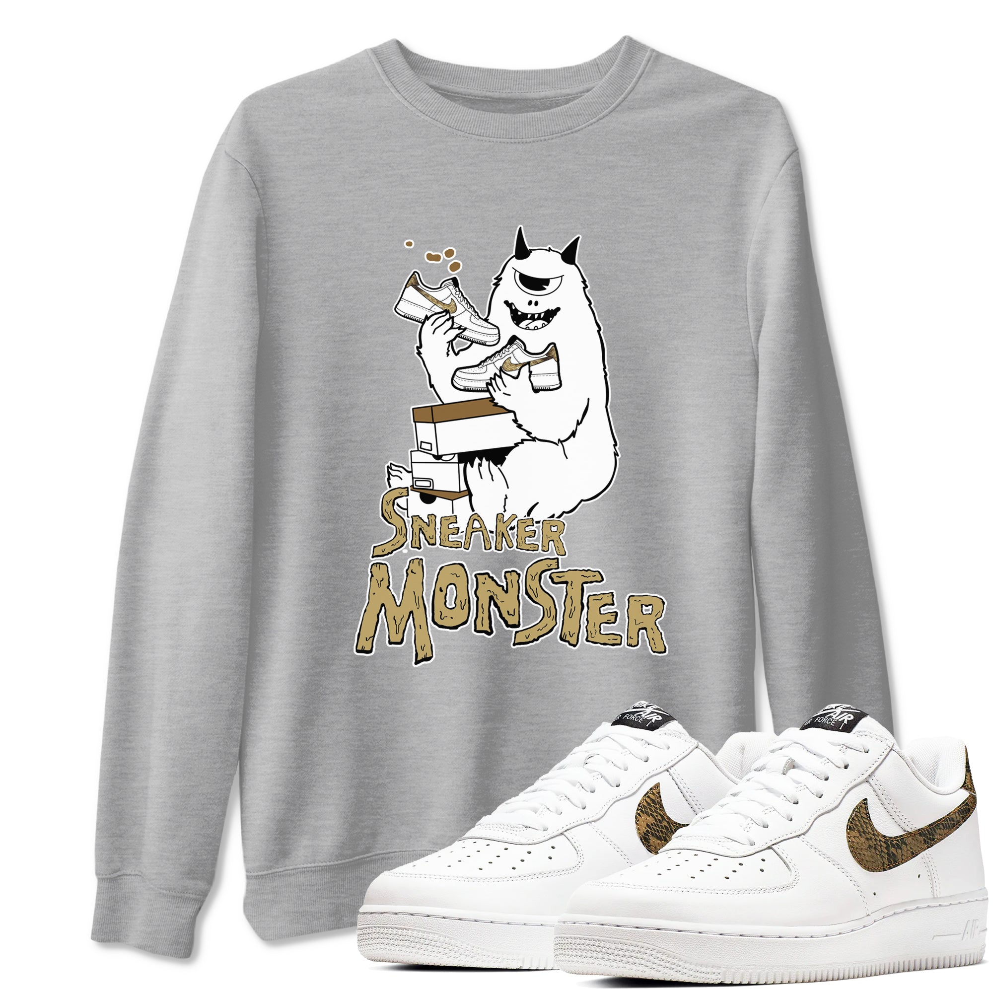 Air Force 1 Ivory Snake shirt to match jordans Sneaker Monster sneaker tees Air Force 1 Ivory Snake Drip Gear Zone unisex cotton Heather Grey 1 crew neck shirt