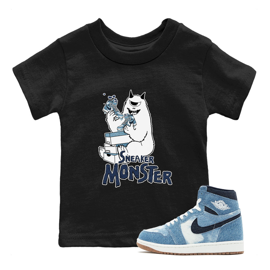 1s Denim shirts to match jordans Sneaker Monster sneaker match tees Air Jordan 1 Denim Drip Gear Zone streetwear brand Baby and Youth Black 1 cotton tee
