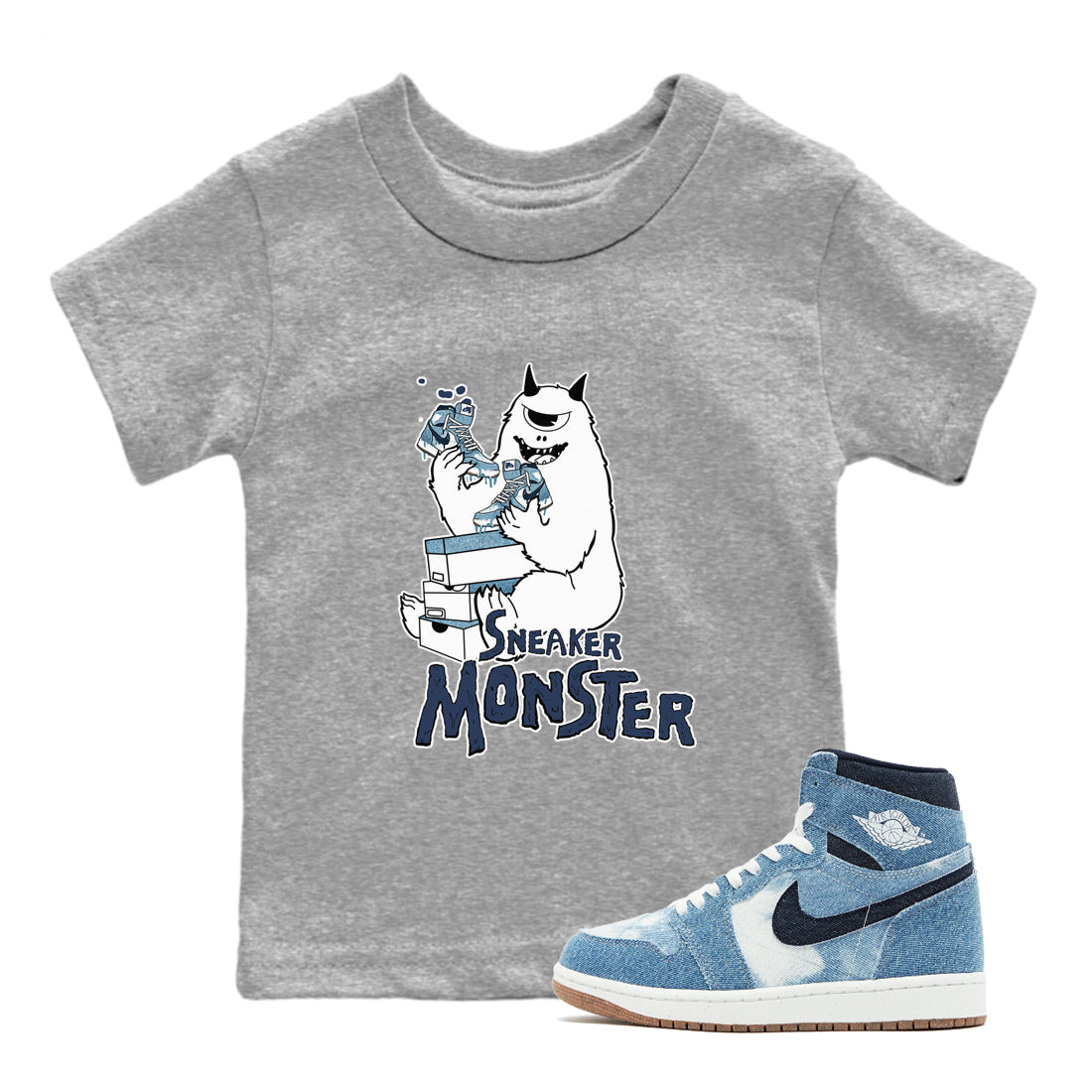 1s Denim shirts to match jordans Sneaker Monster sneaker match tees Air Jordan 1 Denim Drip Gear Zone streetwear brand Baby and Youth Heather Grey 1 cotton tee