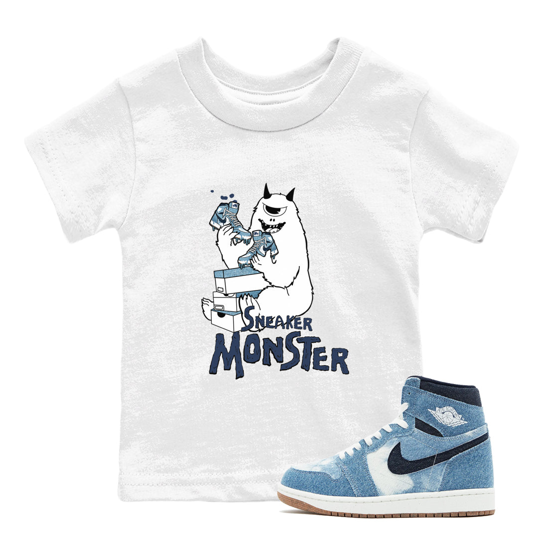 1s Denim shirts to match jordans Sneaker Monster sneaker match tees Air Jordan 1 Denim Drip Gear Zone streetwear brand Baby and Youth White 1 cotton tee