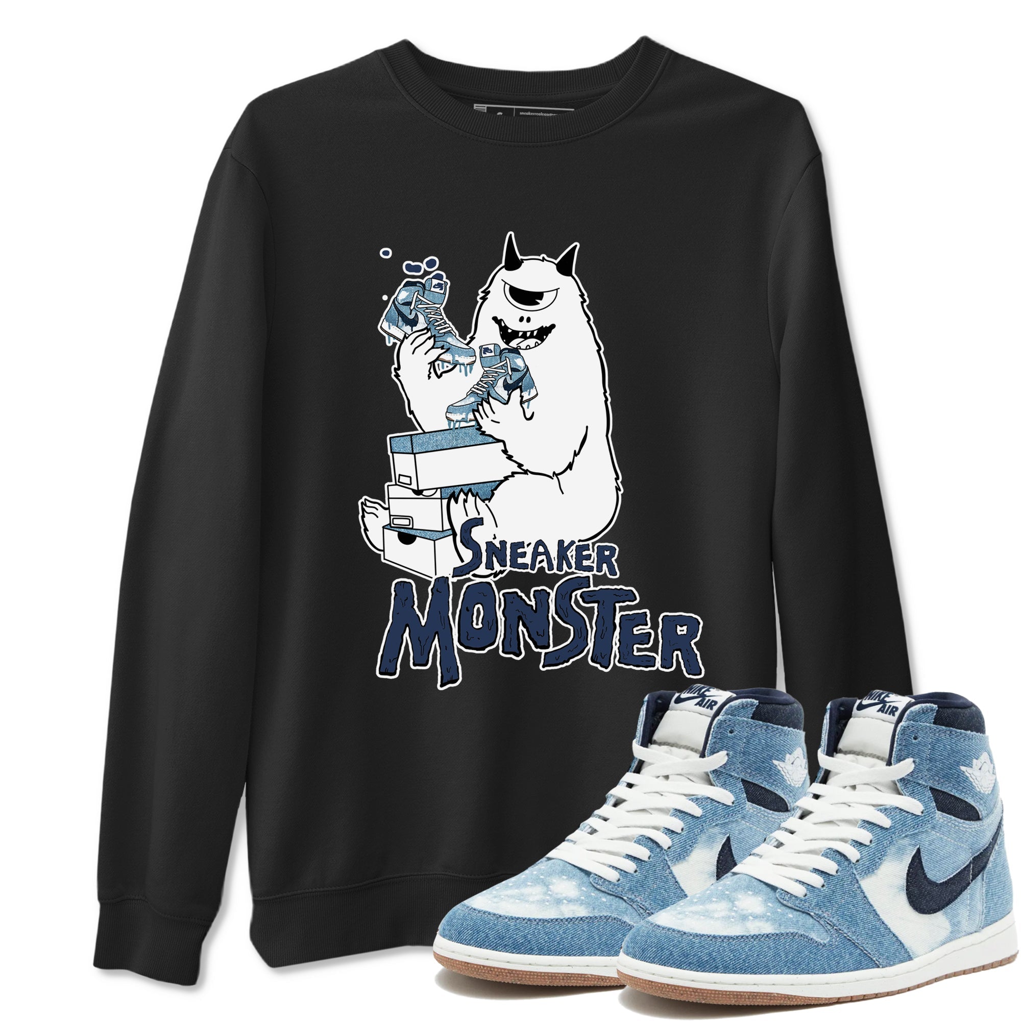 1s Denim shirts to match jordans Sneaker Monster sneaker match tees Air Jordan 1 Denim Drip Gear Zone streetwear brand Black 1 unisex cotton tee