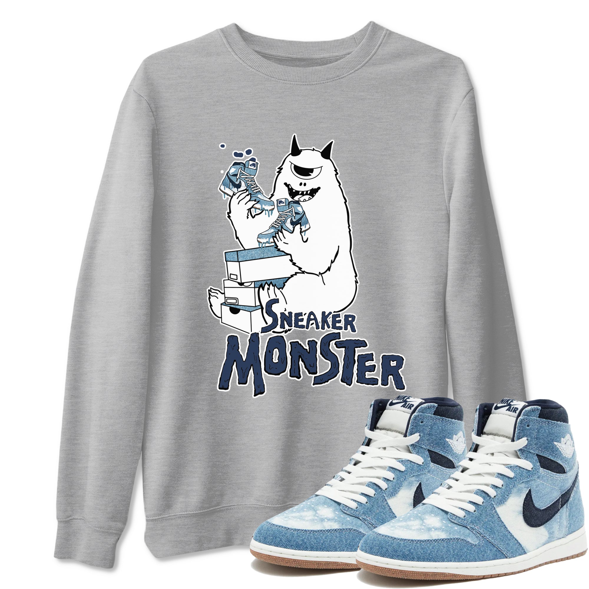 1s Denim shirts to match jordans Sneaker Monster sneaker match tees Air Jordan 1 Denim Drip Gear Zone streetwear brand Heather Grey 1 unisex cotton tee