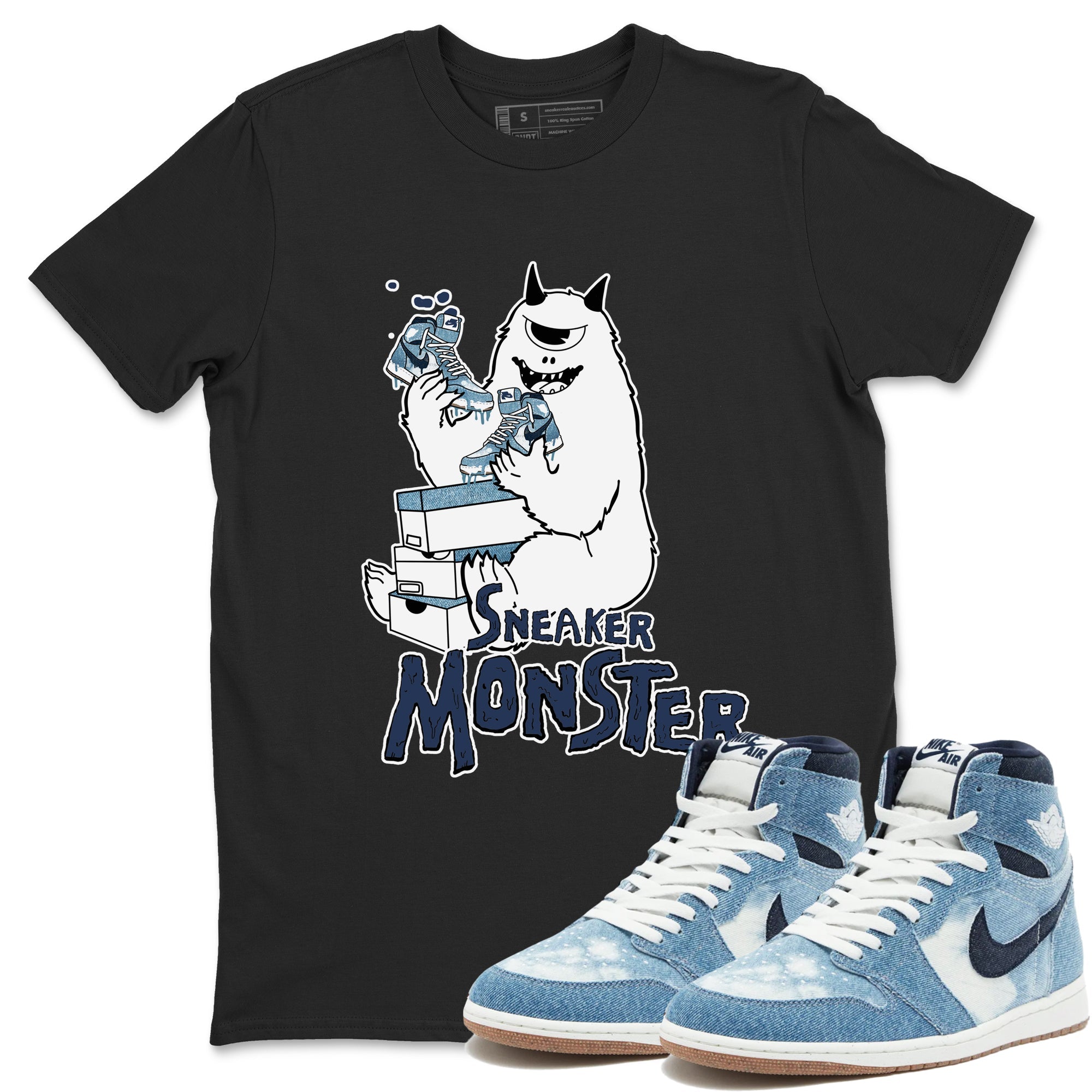 1s Denim shirts to match jordans Sneaker Monster sneaker match tees Air Jordan 1 Denim Drip Gear Zone streetwear brand Black 1 unisex cotton tee