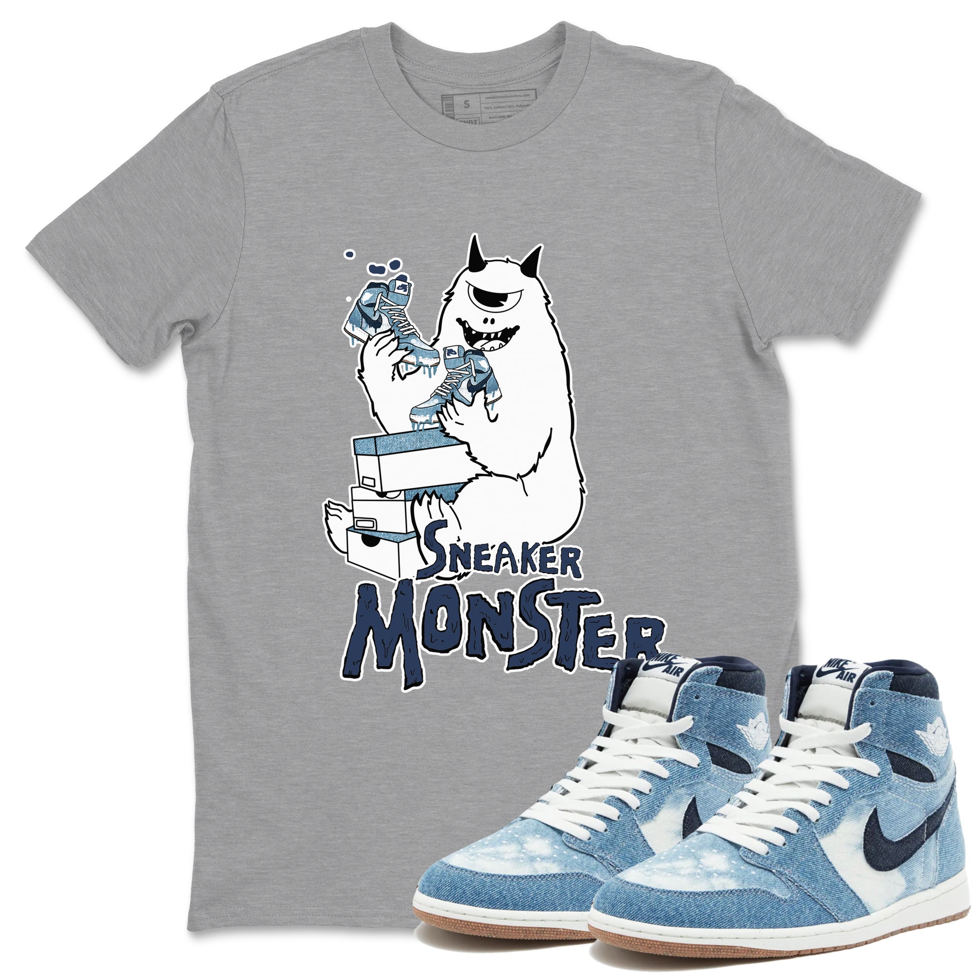1s Denim shirts to match jordans Sneaker Monster sneaker match tees Air Jordan 1 Denim Drip Gear Zone streetwear brand Heather Grey 1 unisex cotton tee