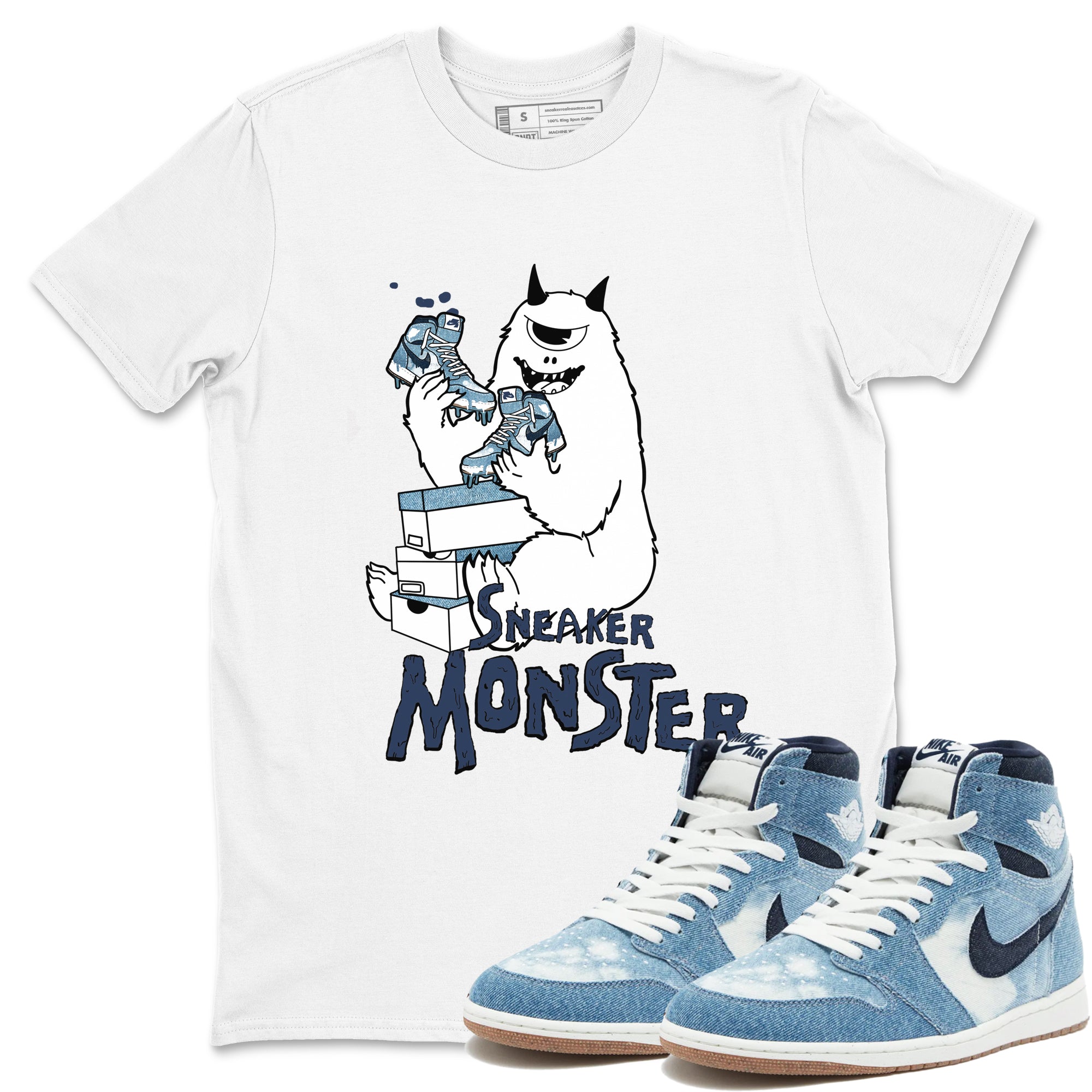 1s Denim shirts to match jordans Sneaker Monster sneaker match tees Air Jordan 1 Denim Drip Gear Zone streetwear brand White 1 unisex cotton tee