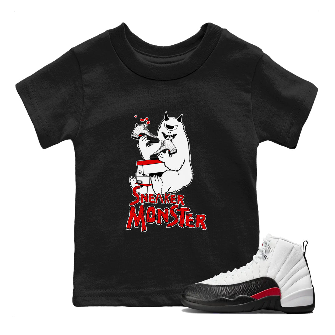 Air Jordan 12 Retro Taxi Flip shirts to match jordans Sneaker Monster sneaker match tees 12s Red Taxi Drip Gear Zone baby toddler Black 1 cotton Shirt