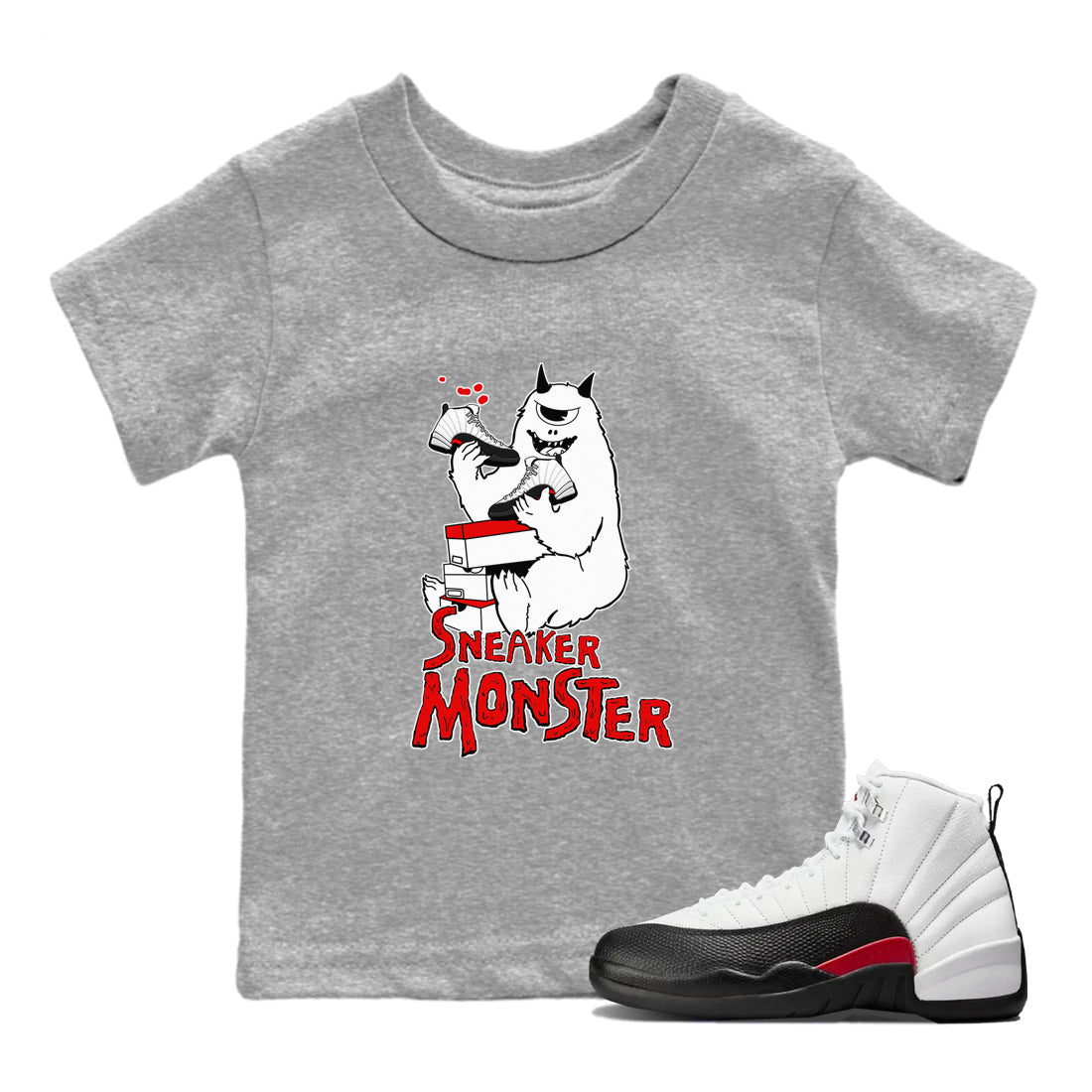 Air Jordan 12 Retro Taxi Flip shirts to match jordans Sneaker Monster sneaker match tees 12s Red Taxi Drip Gear Zone baby toddler Heather Grey 1 cotton Shirt