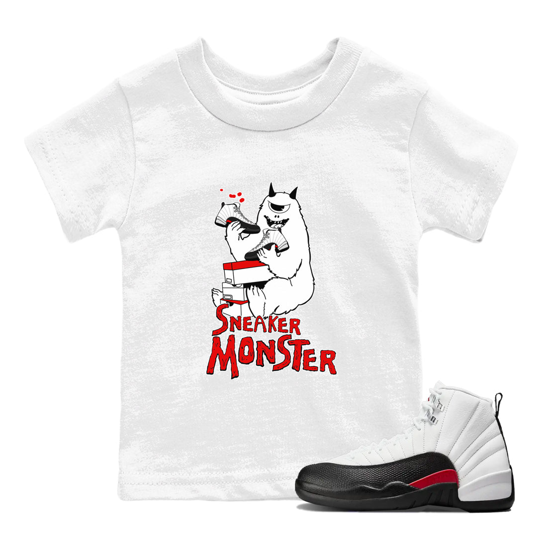 Air Jordan 12 Retro Taxi Flip shirts to match jordans Sneaker Monster sneaker match tees 12s Red Taxi Drip Gear Zone baby toddler White 1 cotton Shirt