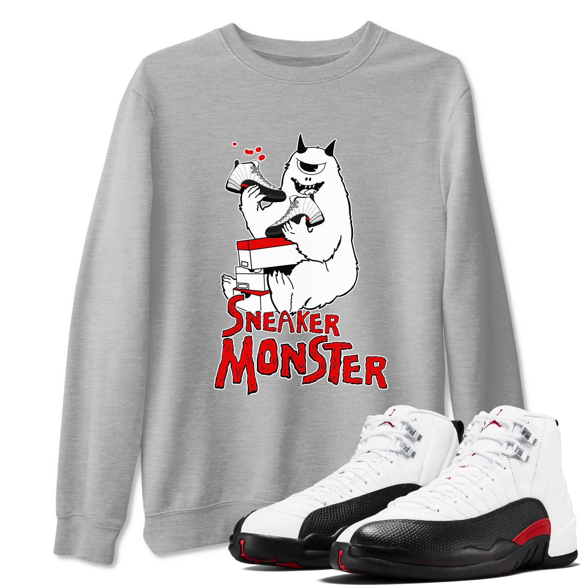 Air Jordan 12 Retro Taxi Flip shirts to match jordans Sneaker Monster sneaker match tees 12s Red Taxi Drip Gear Zone unisex cotton Heather Grey 1 crew neck shirt