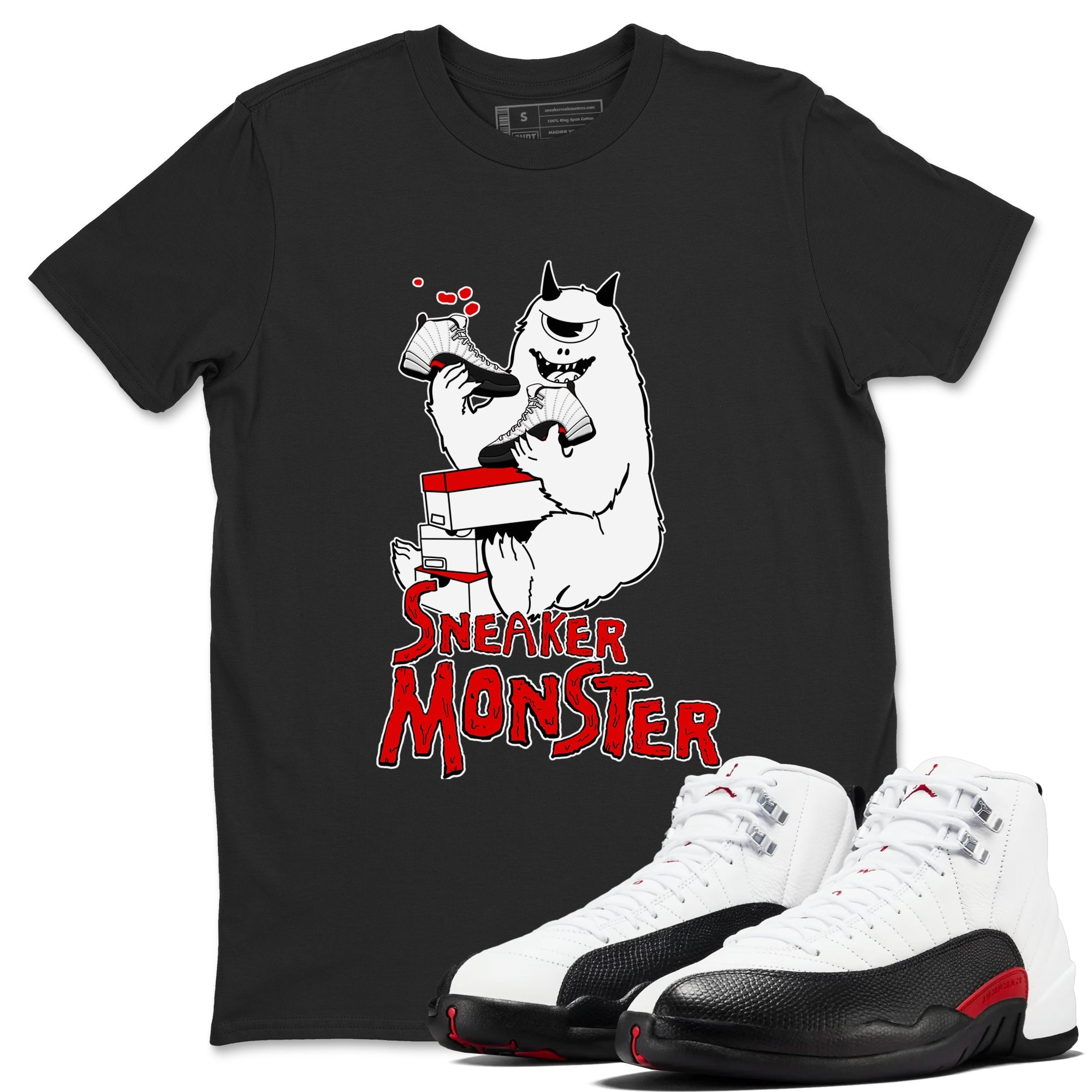 Air Jordan 12 Retro Taxi Flip shirts to match jordans Sneaker Monster sneaker match tees 12s Red Taxi Drip Gear Zone unisex cotton Black 1 crew neck shirt