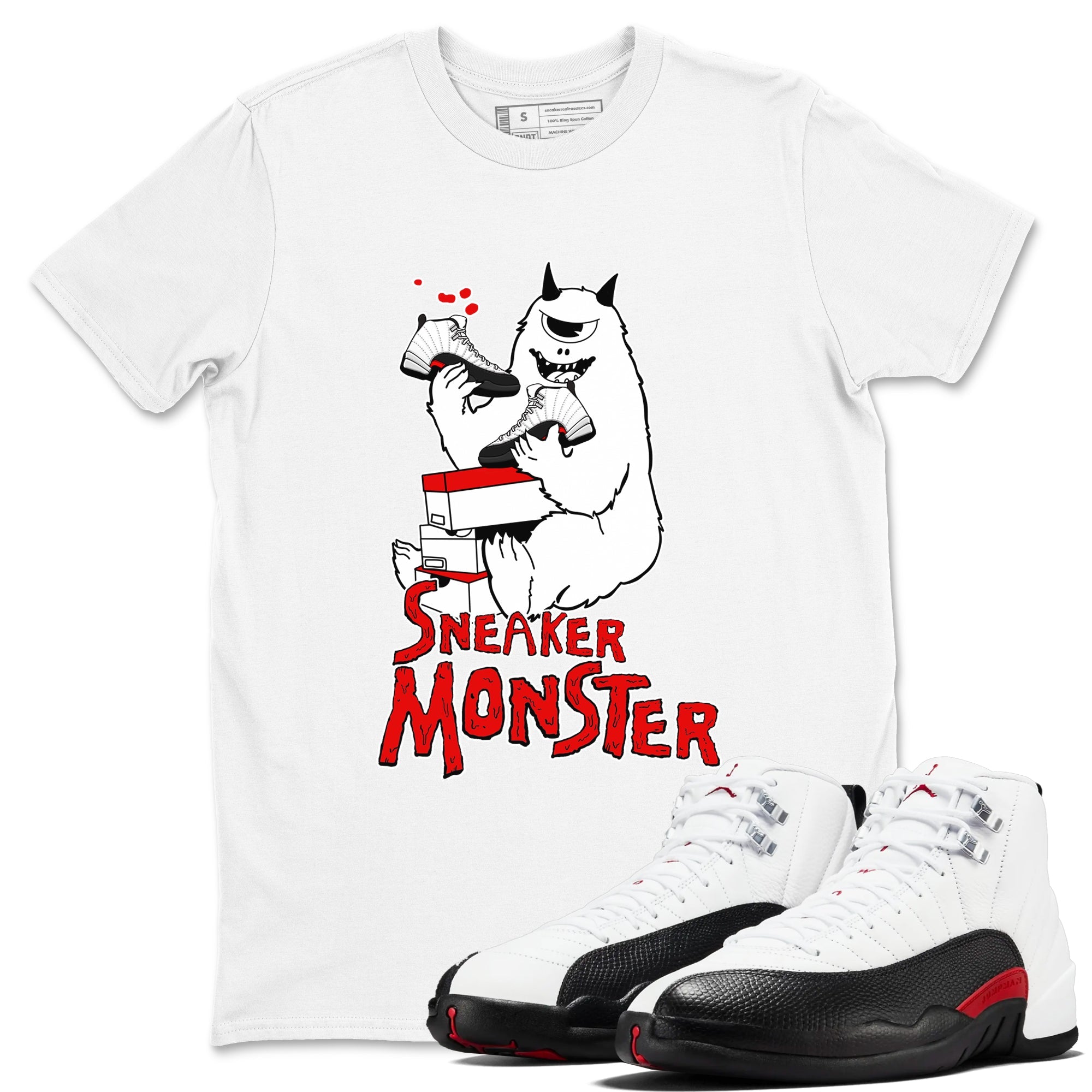 Air Jordan 12 Retro Taxi Flip shirts to match jordans Sneaker Monster sneaker match tees 12s Red Taxi Drip Gear Zone unisex cotton White 1 crew neck shirt
