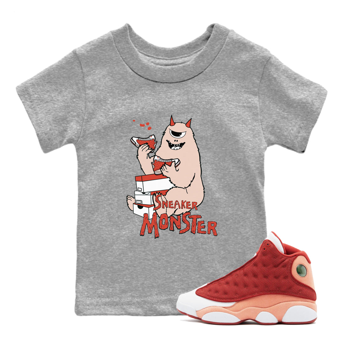 13s Dune Red shirts to match jordans Sneaker Monster sneaker match tees Air Jordan 13 Dune Red Drip Gear Zone streetwear brand Baby and Youth Heather Grey 1 cotton tee