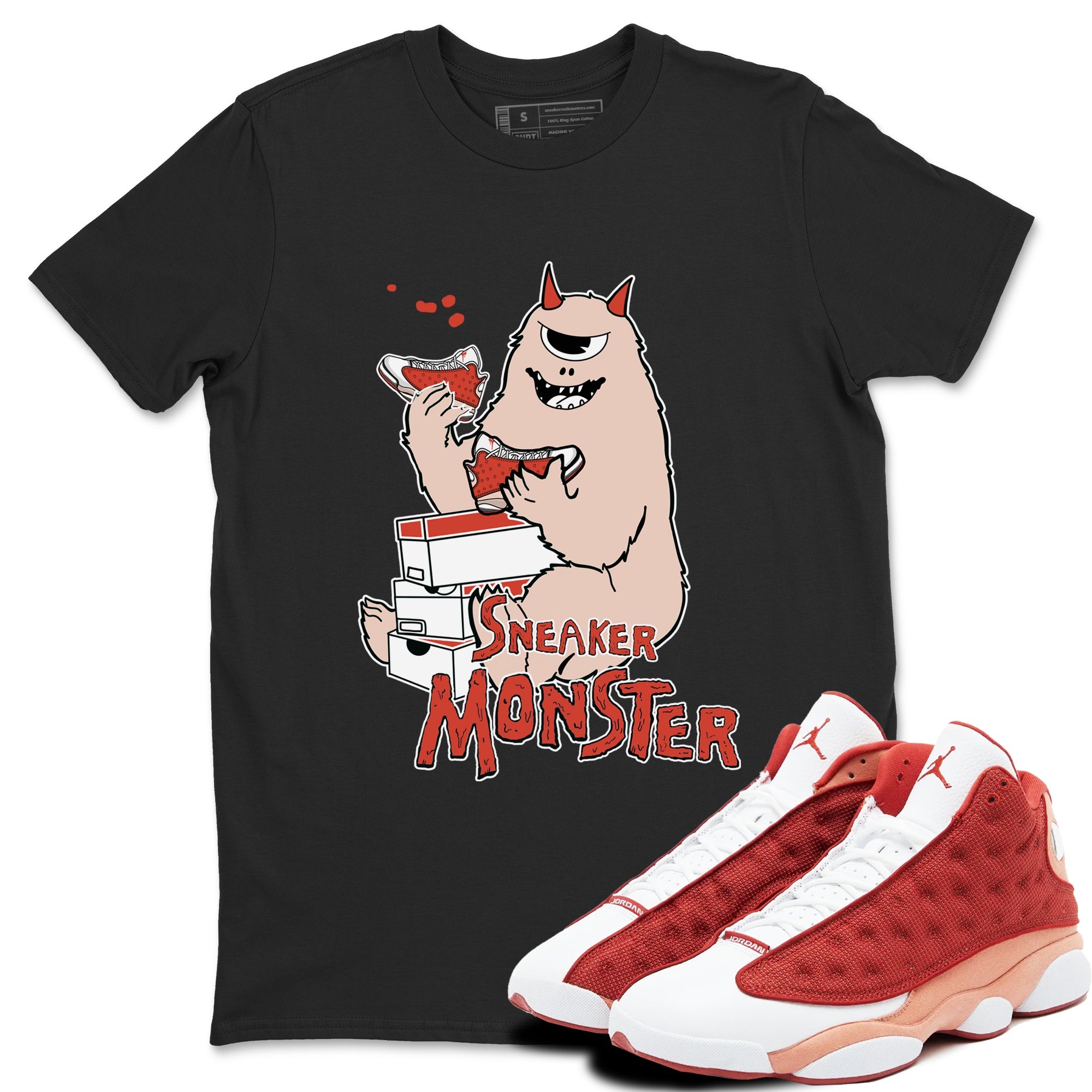 13s Dune Red shirts to match jordans Sneaker Monster sneaker match tees Air Jordan 13 Dune Red Drip Gear Zone streetwear brand Black 1 unisex cotton tee