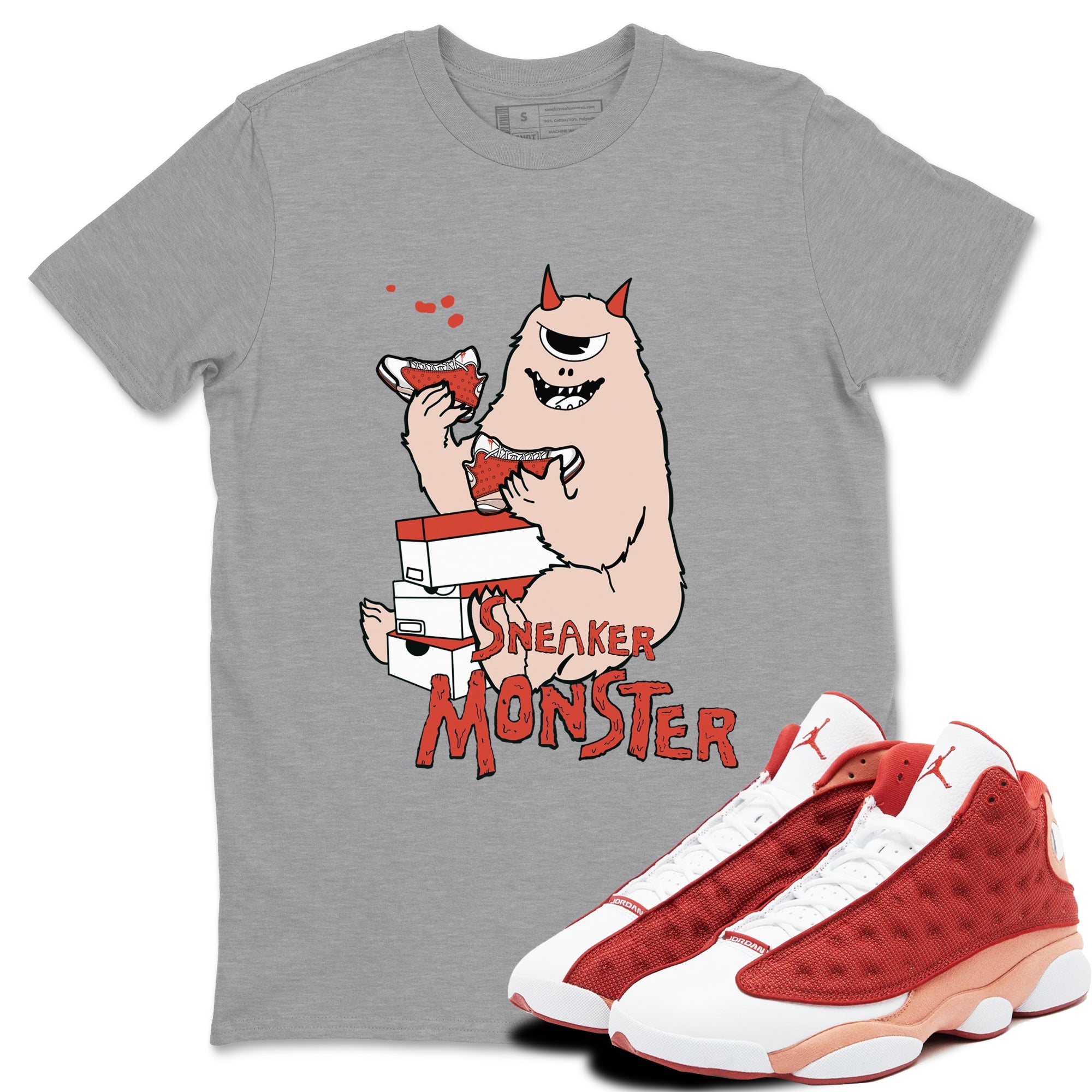 13s Dune Red shirts to match jordans Sneaker Monster sneaker match tees Air Jordan 13 Dune Red Drip Gear Zone streetwear brand Heather Grey 1 unisex cotton tee