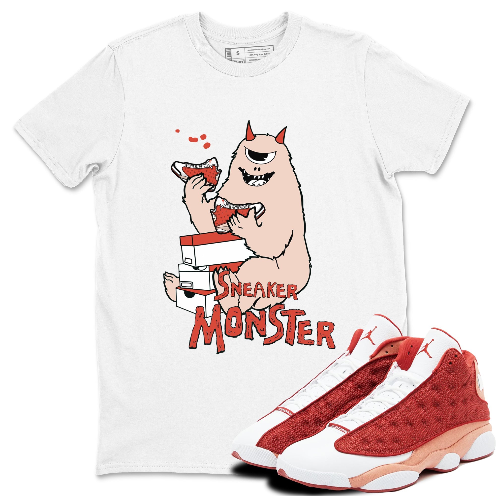 13s Dune Red shirts to match jordans Sneaker Monster sneaker match tees Air Jordan 13 Dune Red Drip Gear Zone streetwear brand White 1 unisex cotton tee