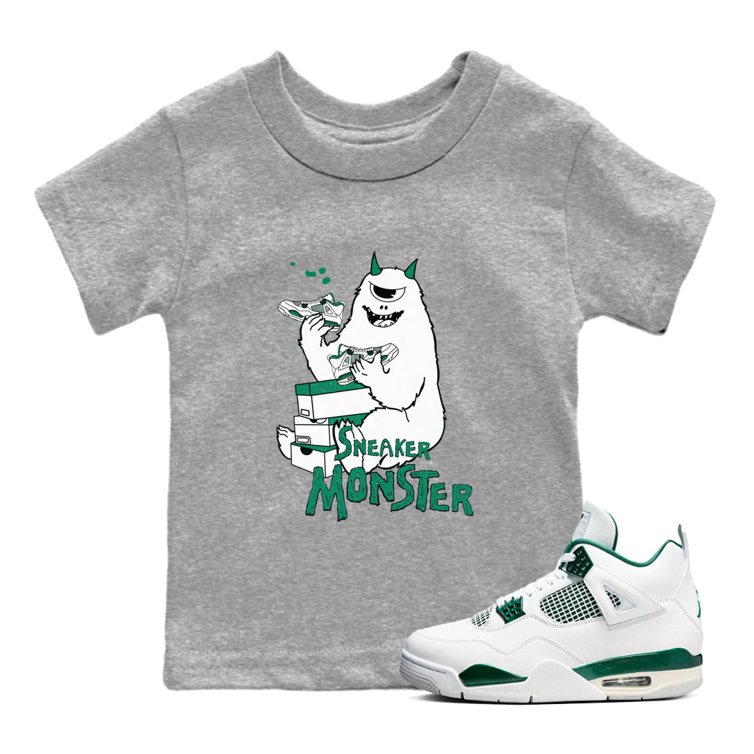 4s Oxidized Green shirts to match jordans Sneaker Monster sneaker match tees Air Jordan 4 Oxidized Green Drip Gear Zone streetwear brand Baby and Youth Heather Grey 1 cotton tee